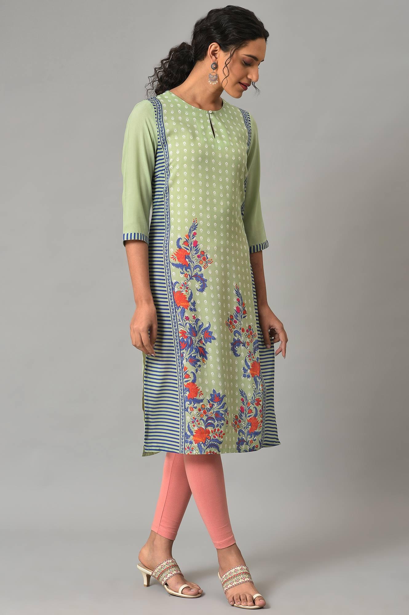 Green Print Mix Summer kurta - wforwoman