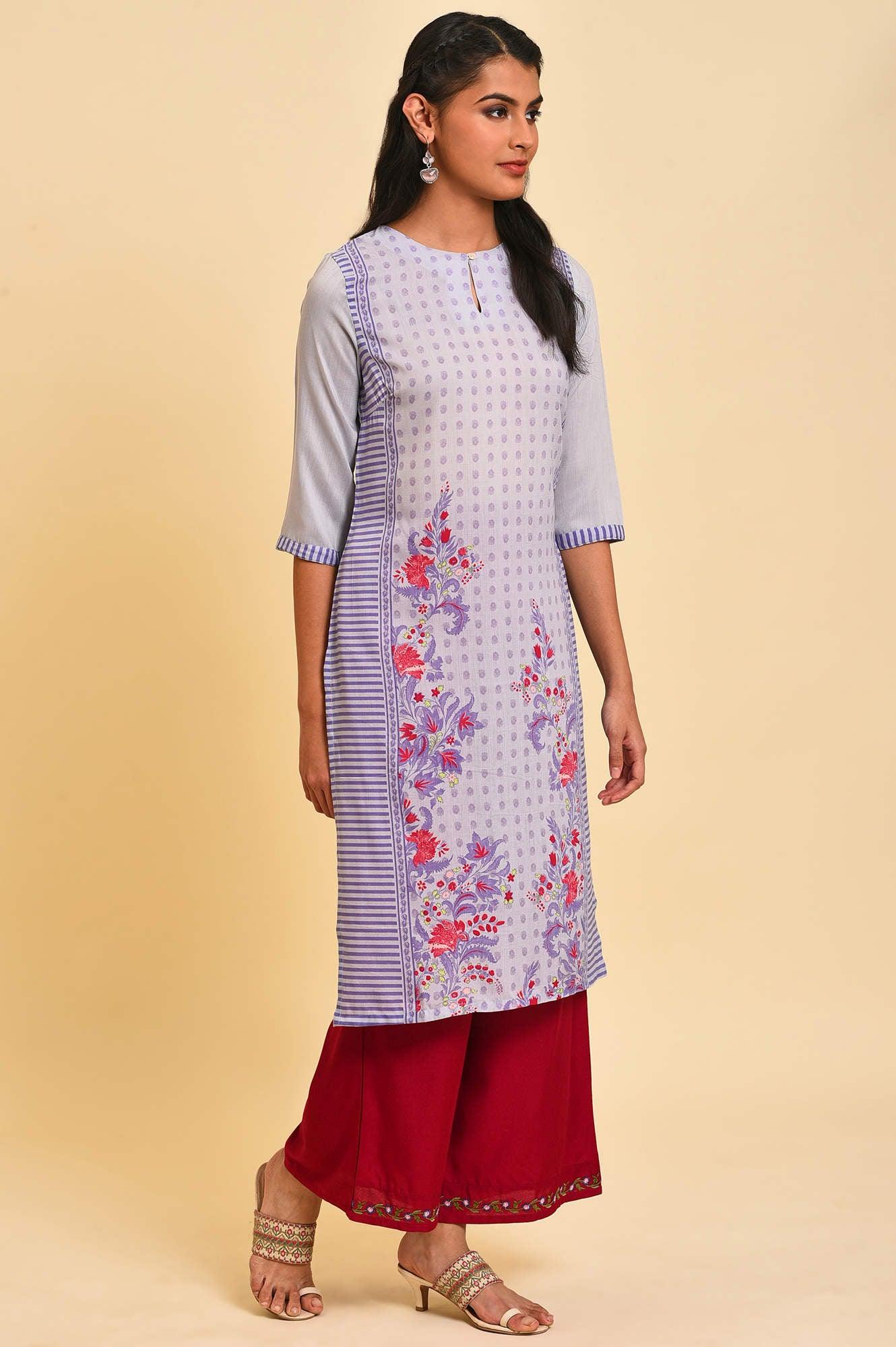 Purple Print Mix Straight Summer kurta - wforwoman
