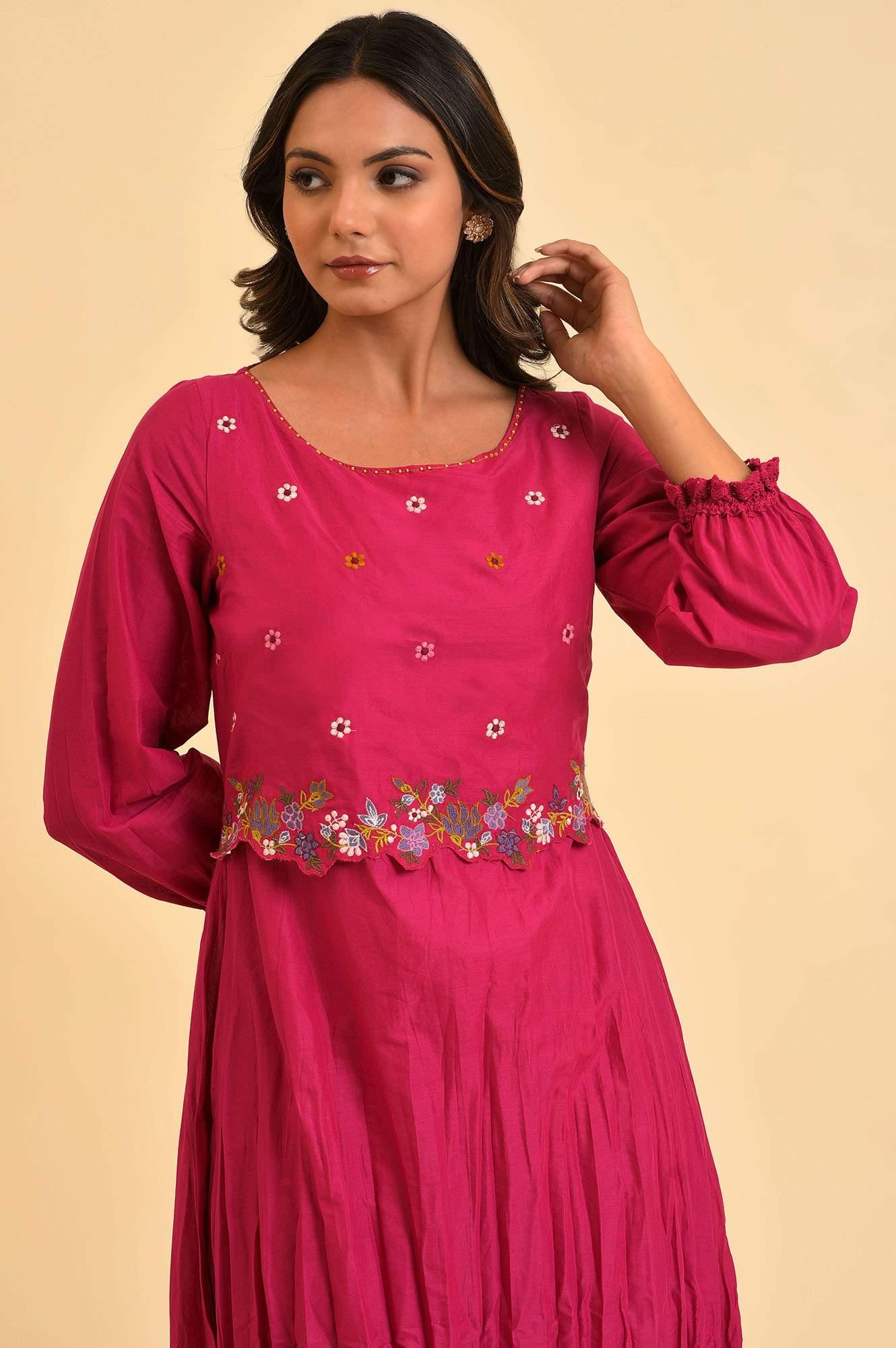 Pink Embroidered Crinkled kurta - wforwoman