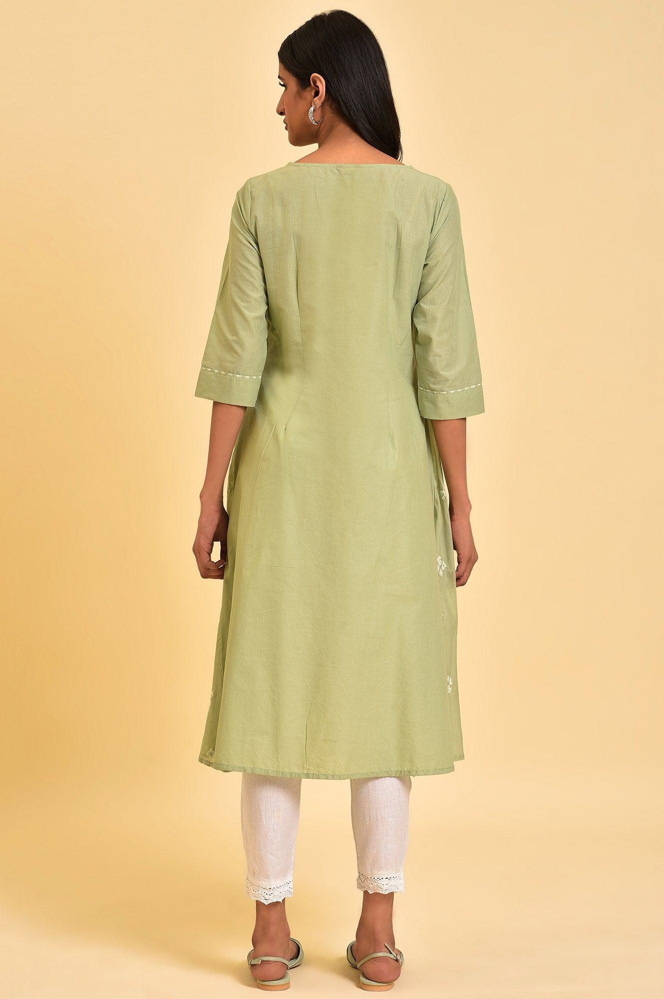 Green Mock Layered Embroidered kurta - wforwoman