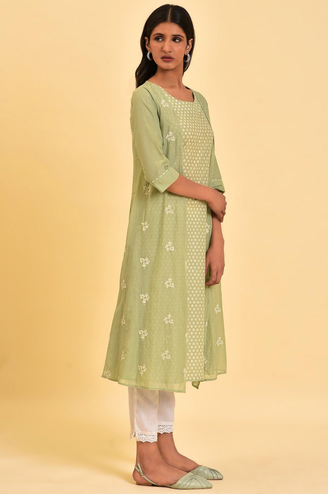 Green Mock Layered Embroidered kurta - wforwoman