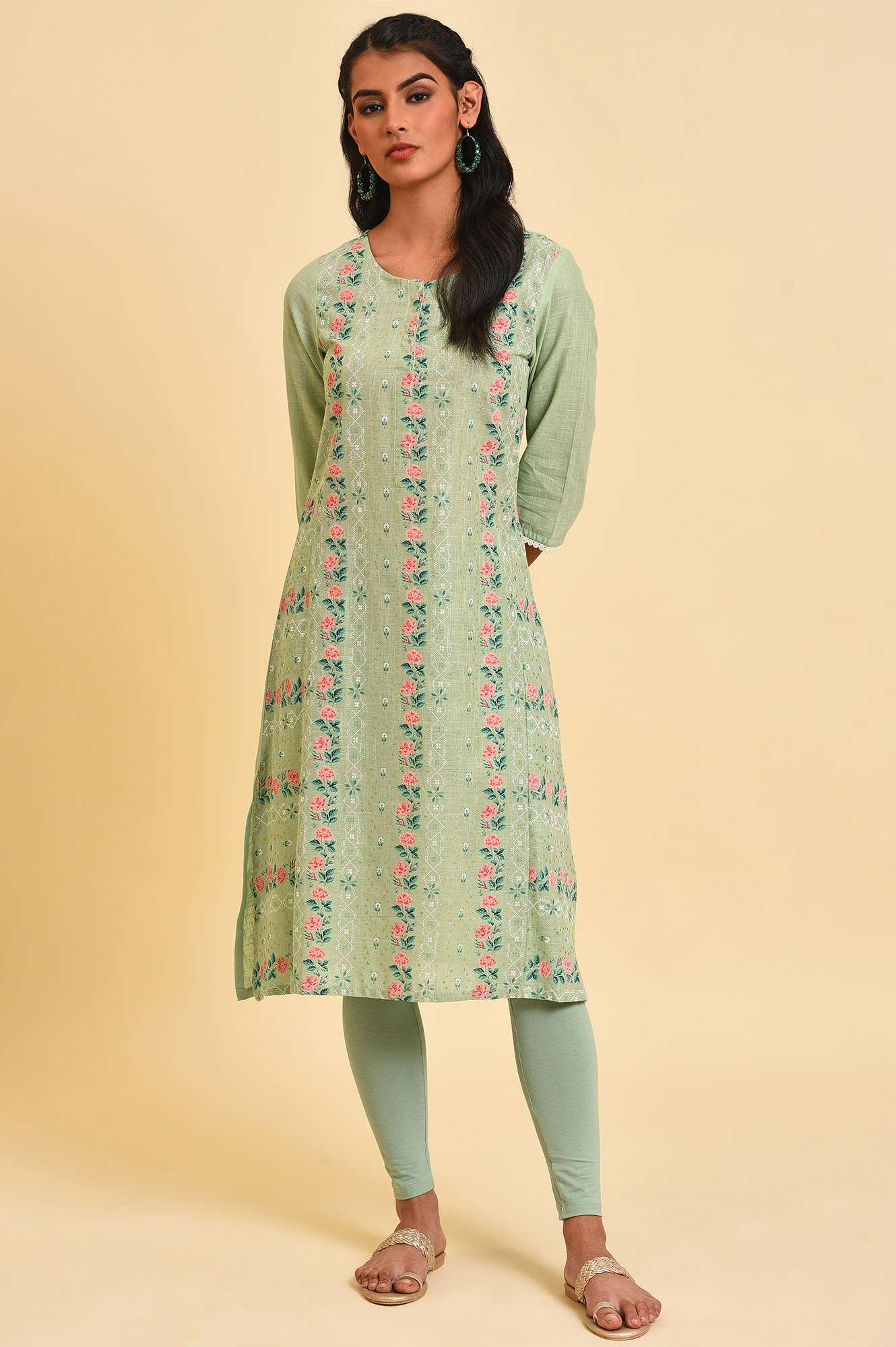 Green Glitter Printed A-Line kurta - wforwoman