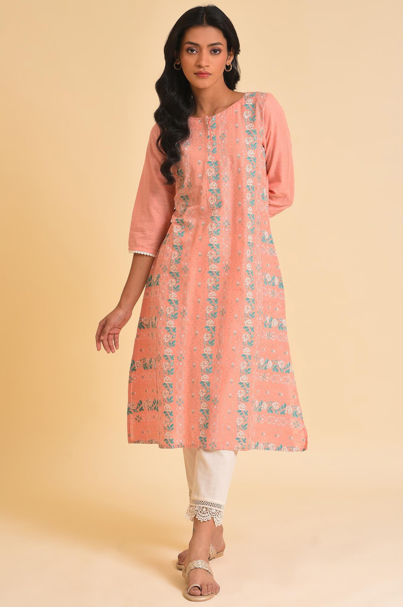 Peach Glitter Printed A-Line kurta - wforwoman