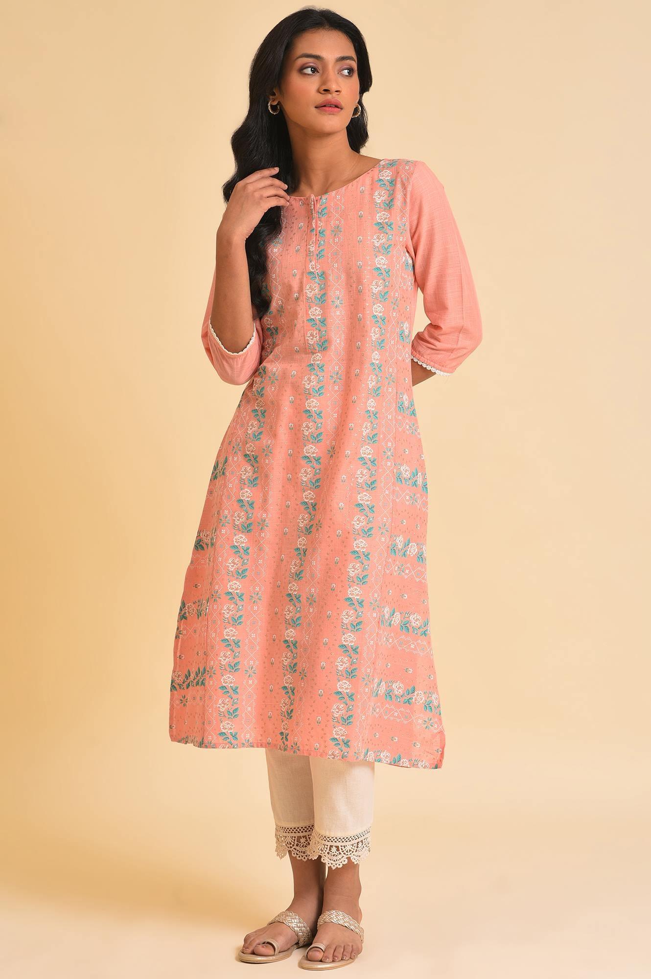 Peach Glitter Printed A-Line kurta - wforwoman
