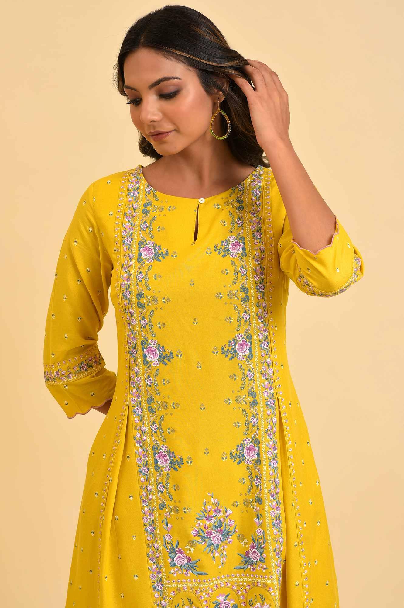 Yellow Glitter Printed A-Line kurta - wforwoman