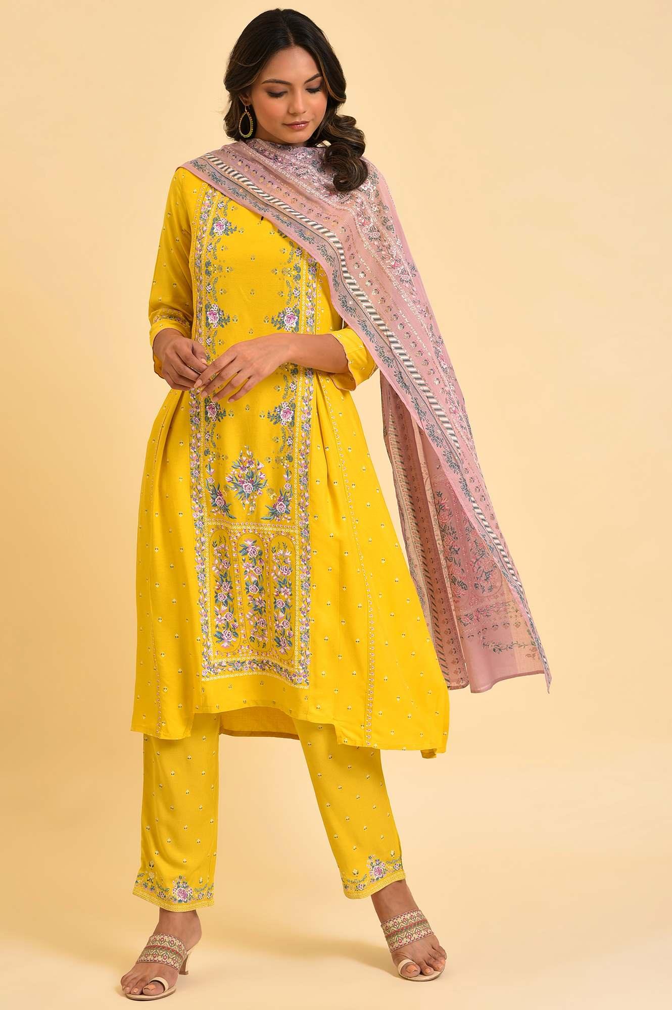 Yellow Glitter Printed A-Line kurta - wforwoman