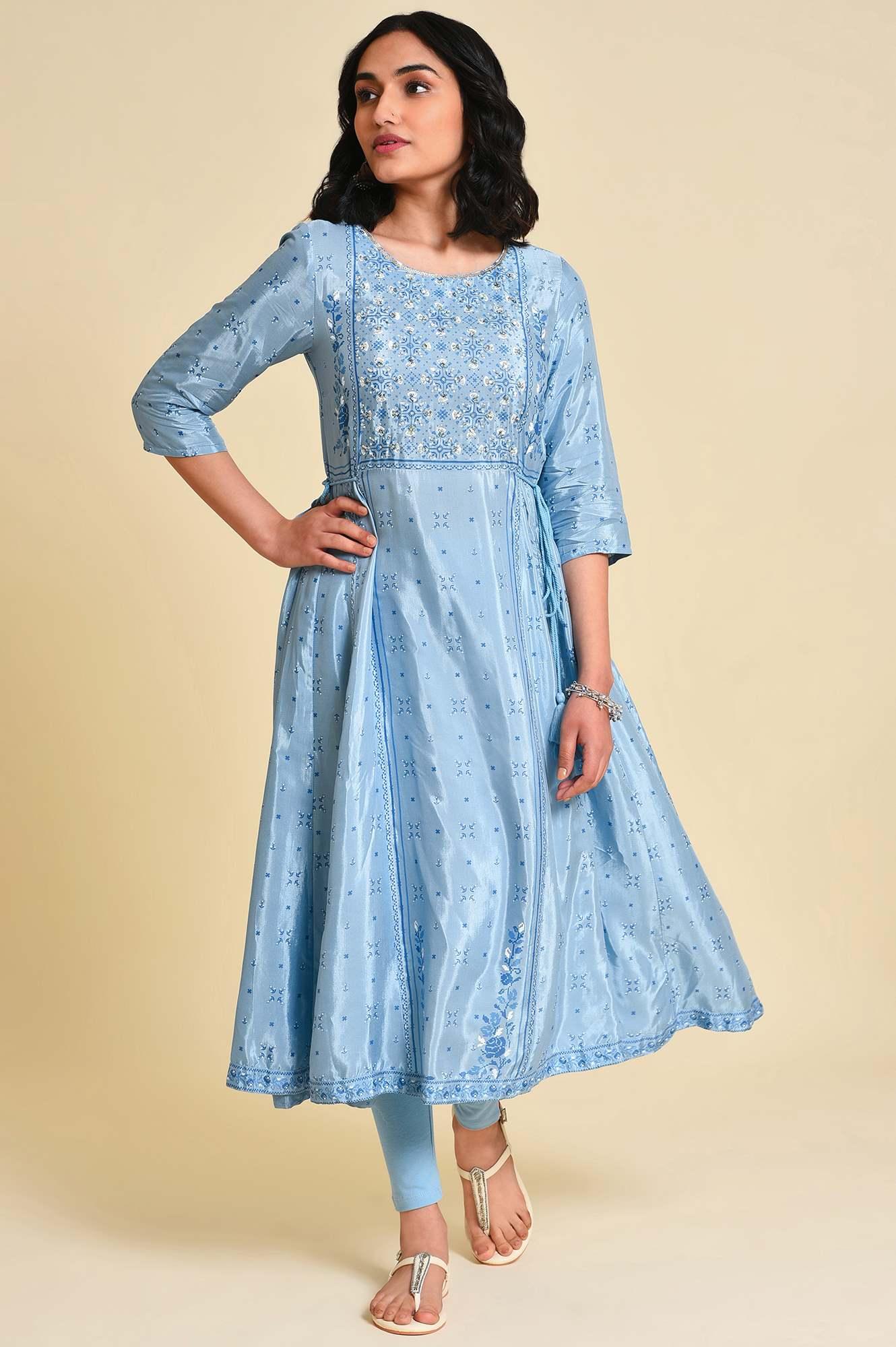 Blue Sequined Plus Size Shantung kurta - wforwoman