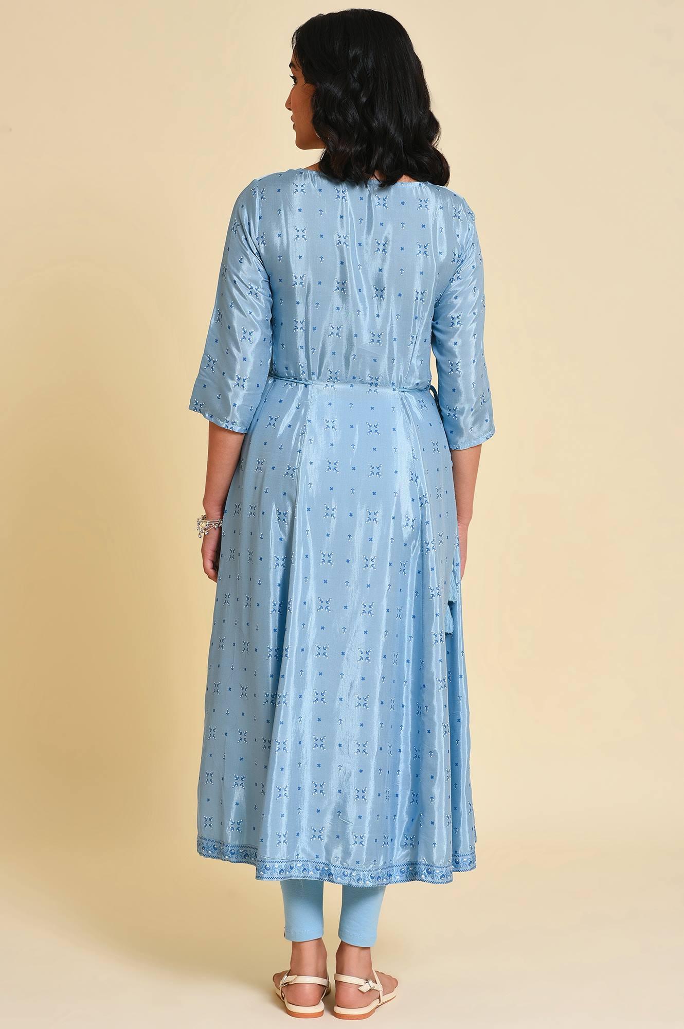 Blue Sequined Plus Size Shantung kurta - wforwoman
