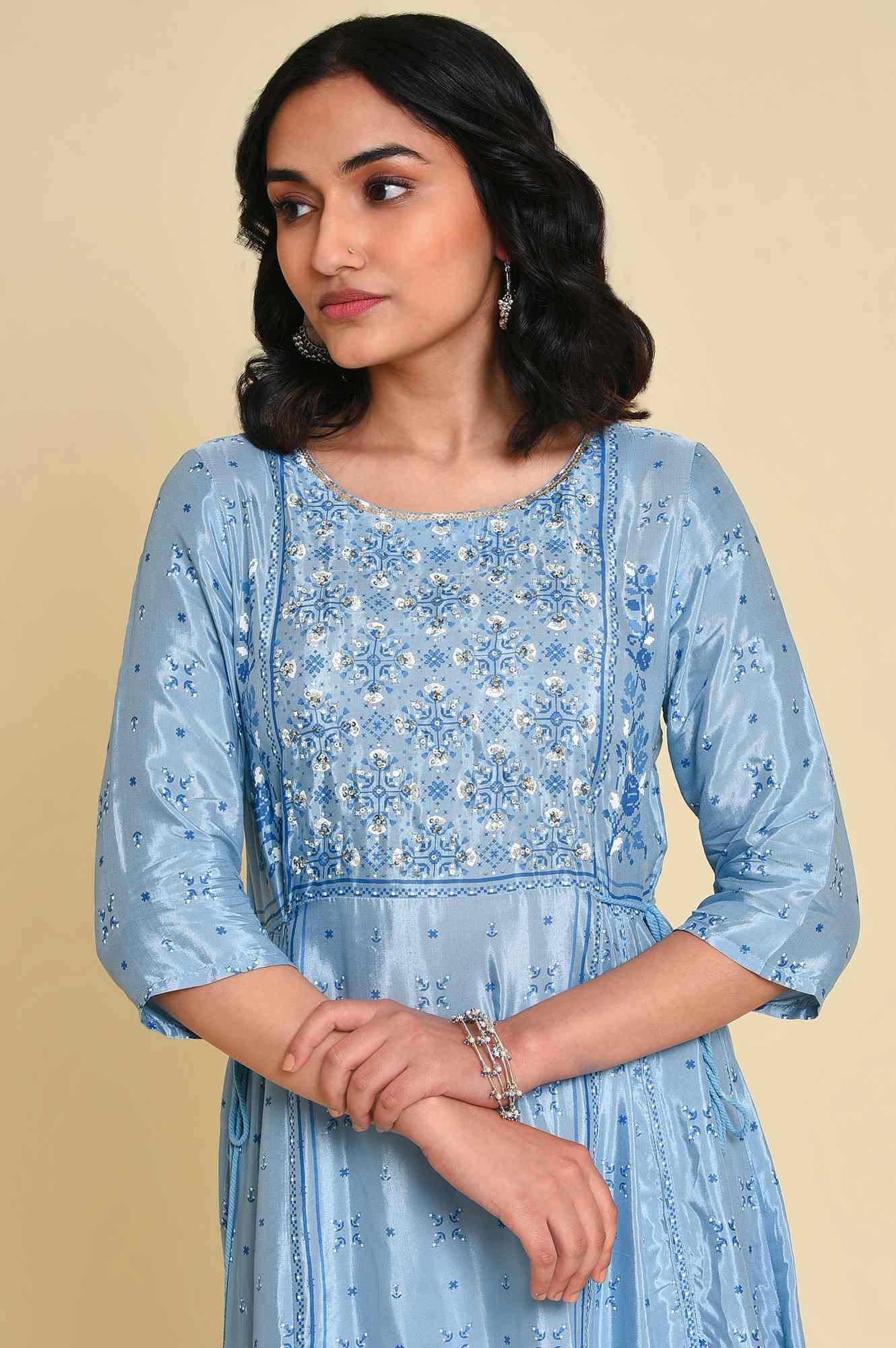 Blue Sequined Plus Size Shantung kurta - wforwoman