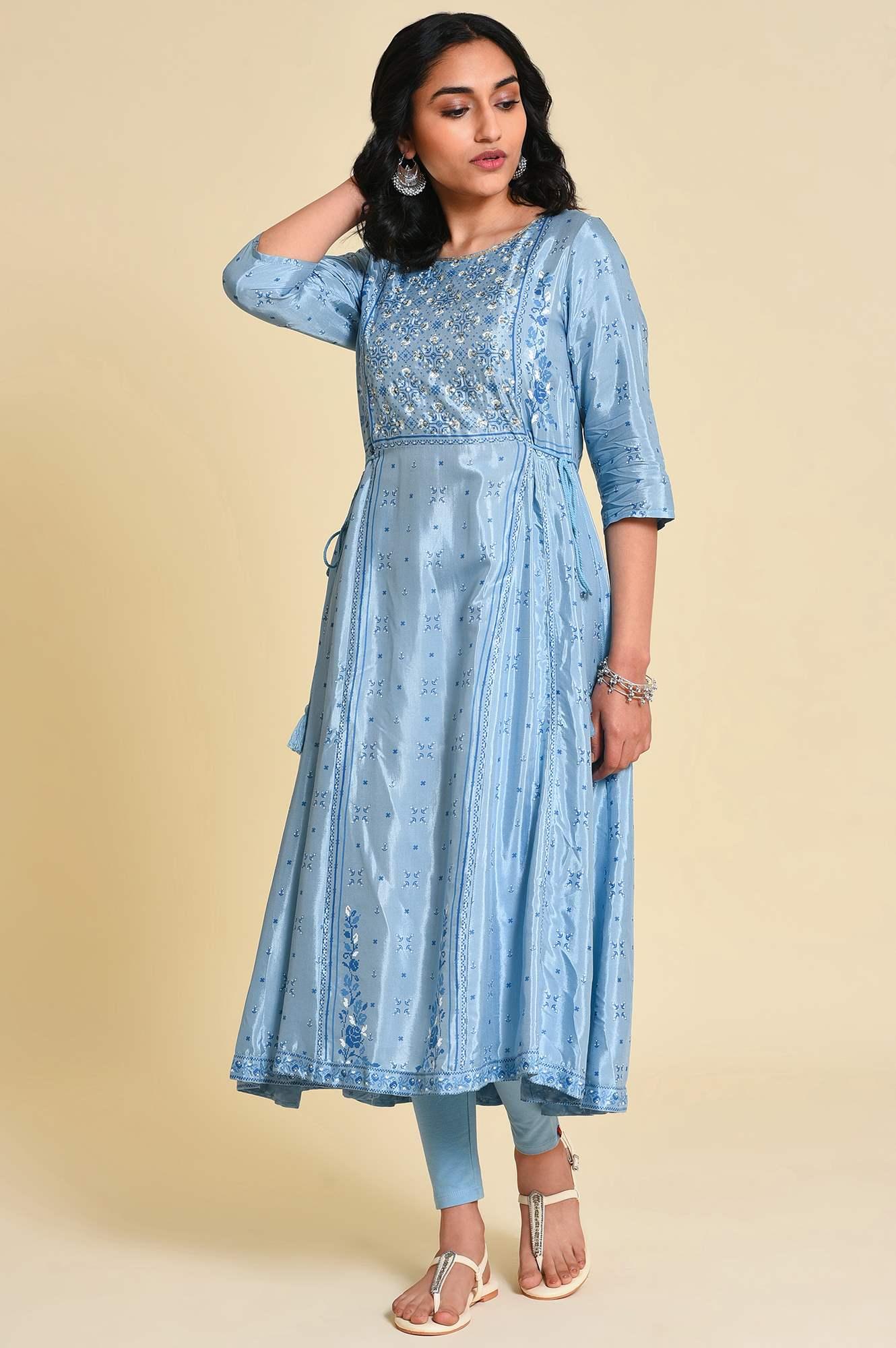 Blue Sequined Shantung kurta - wforwoman