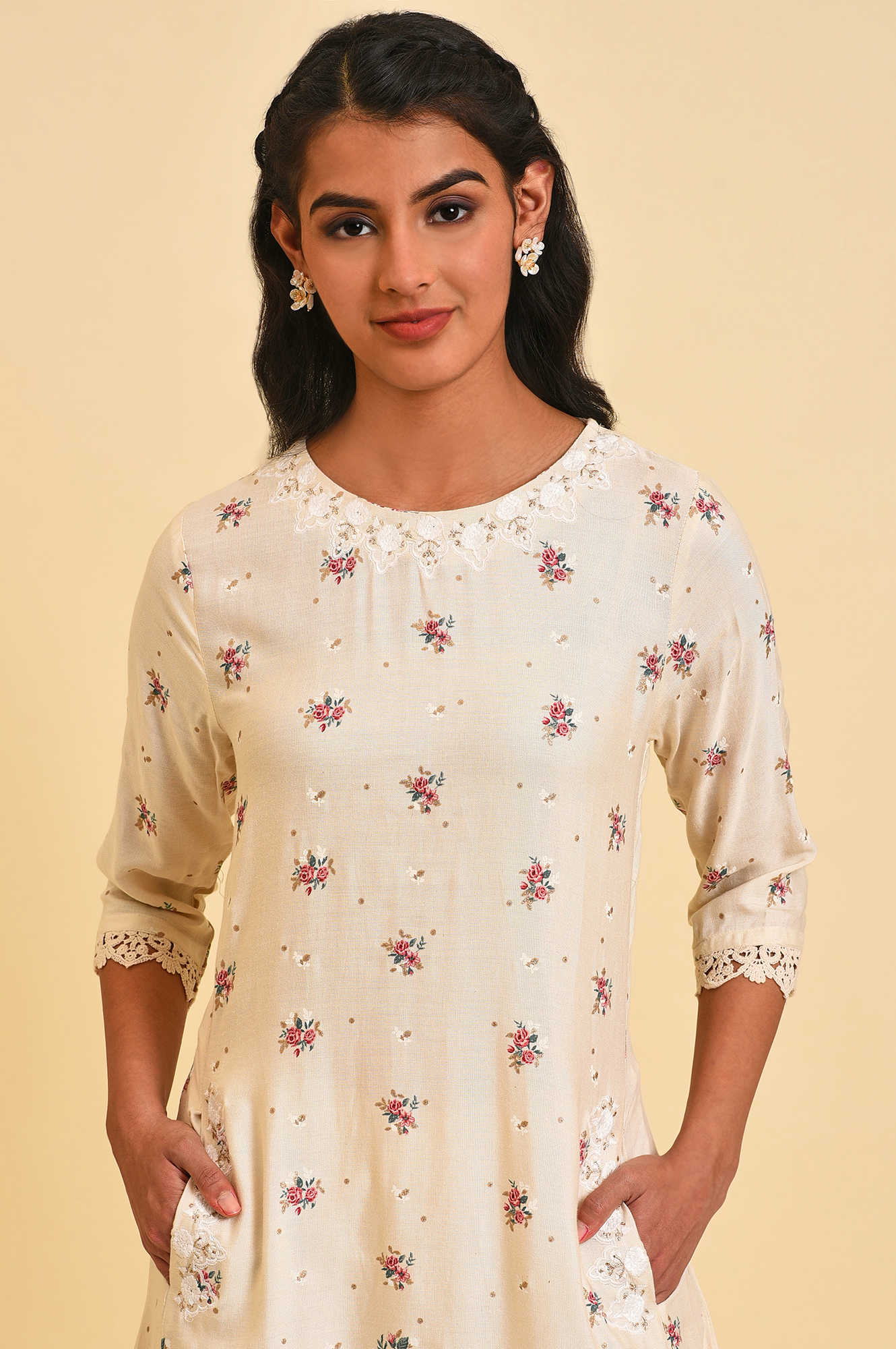 Ecru Thread Embroidery Rayon A-line Kurta and Slim Pant Set