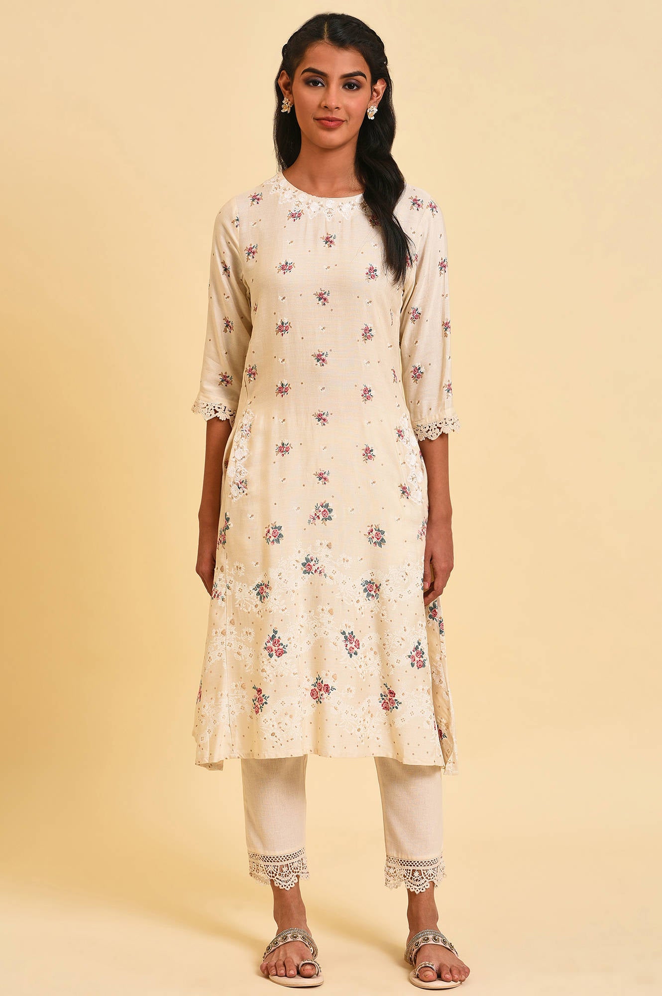 Ecru Glitter Floral Print Mix kurta - wforwoman