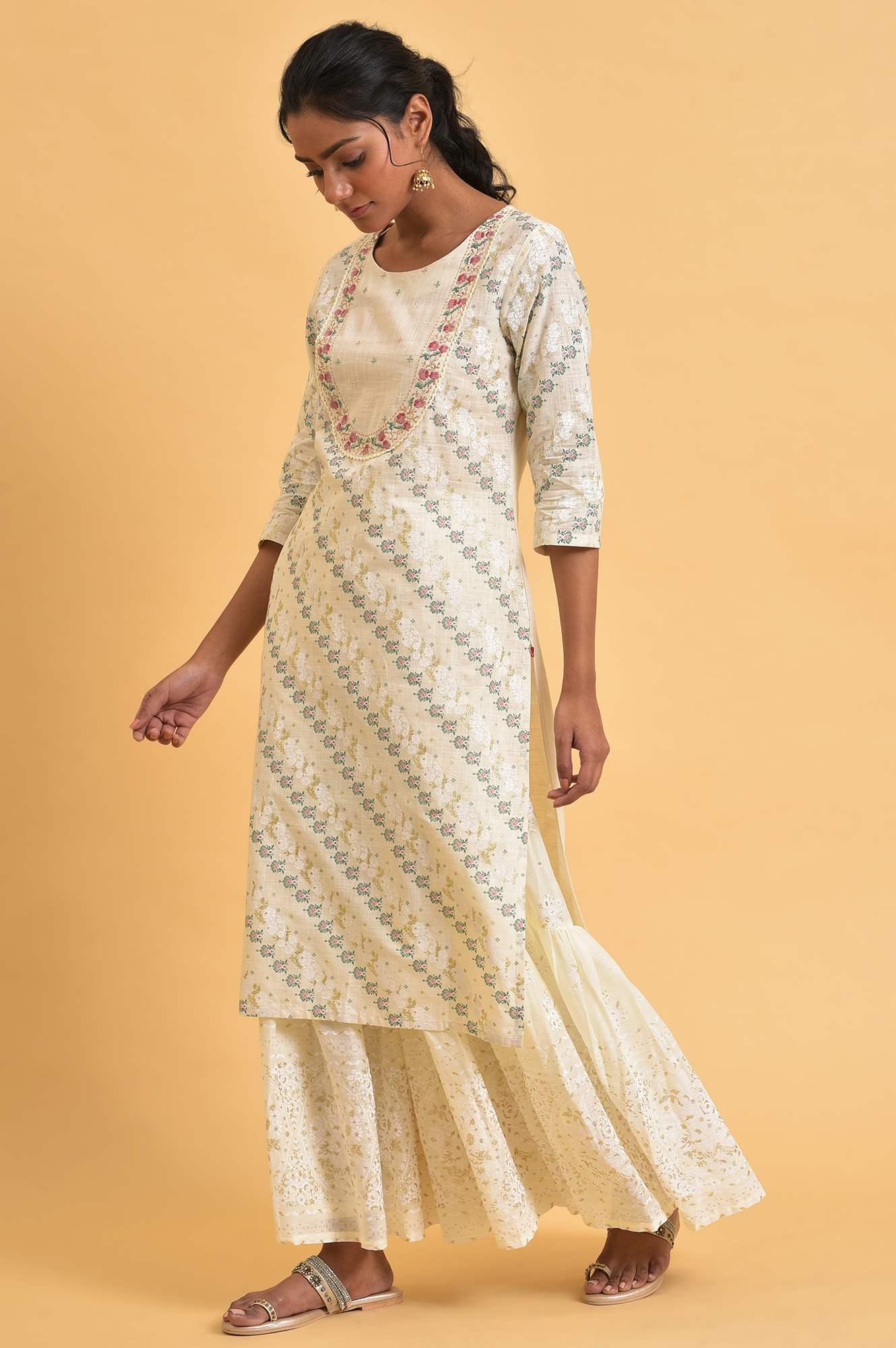 Ecru Glitter Print Round Neck kurta With Embroidery - wforwoman
