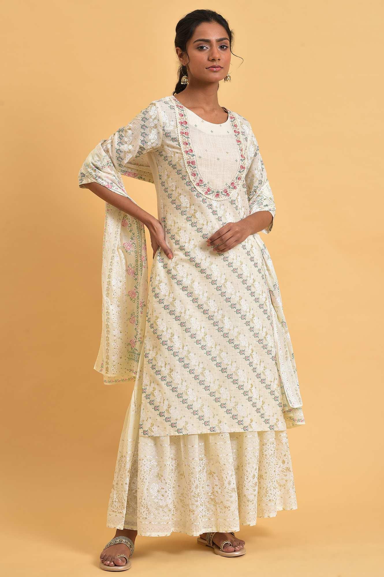 Ecru Glitter Print Round Neck kurta With Embroidery - wforwoman