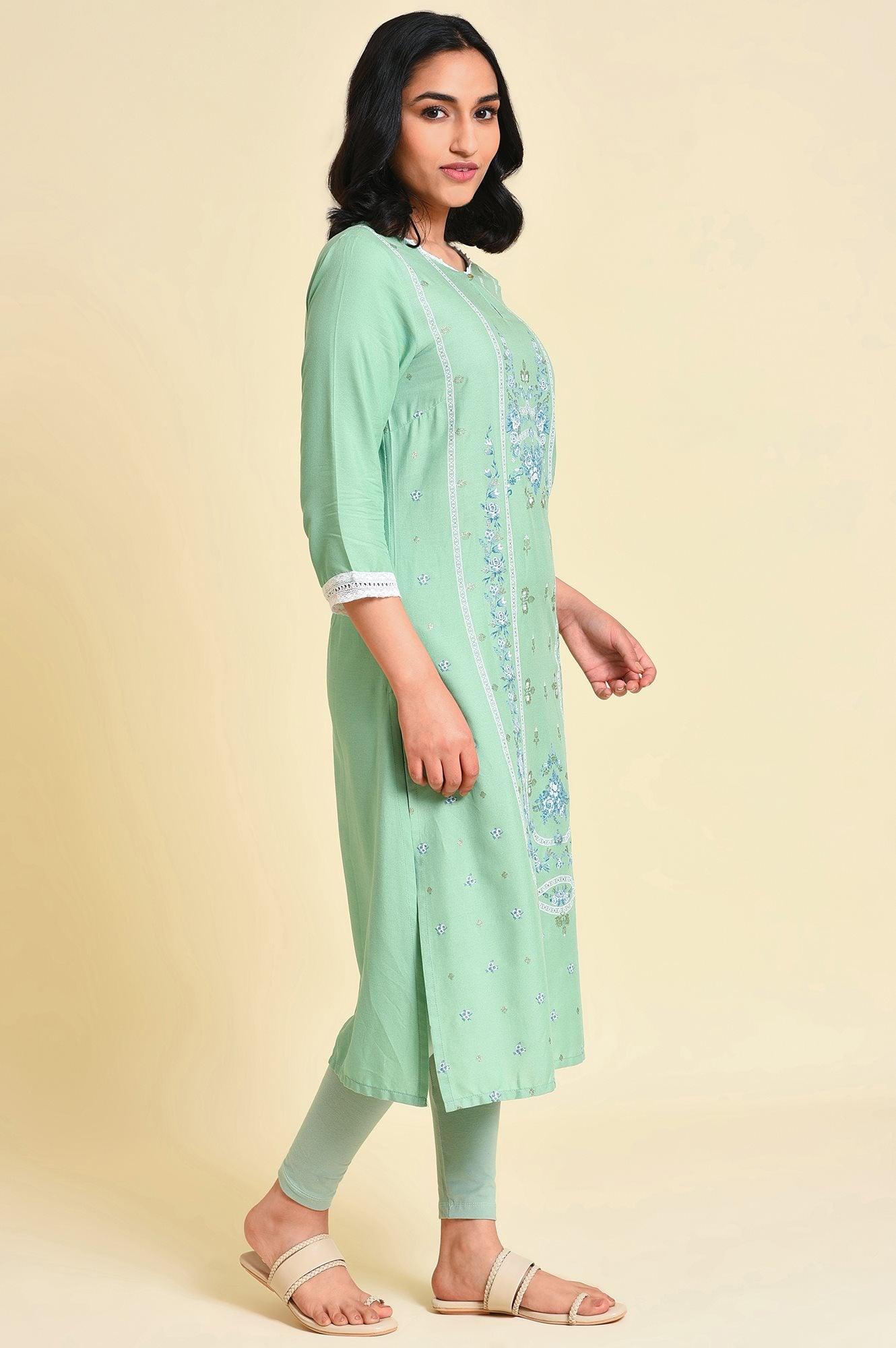 Light Green Glitter Printed Straight kurta - wforwoman