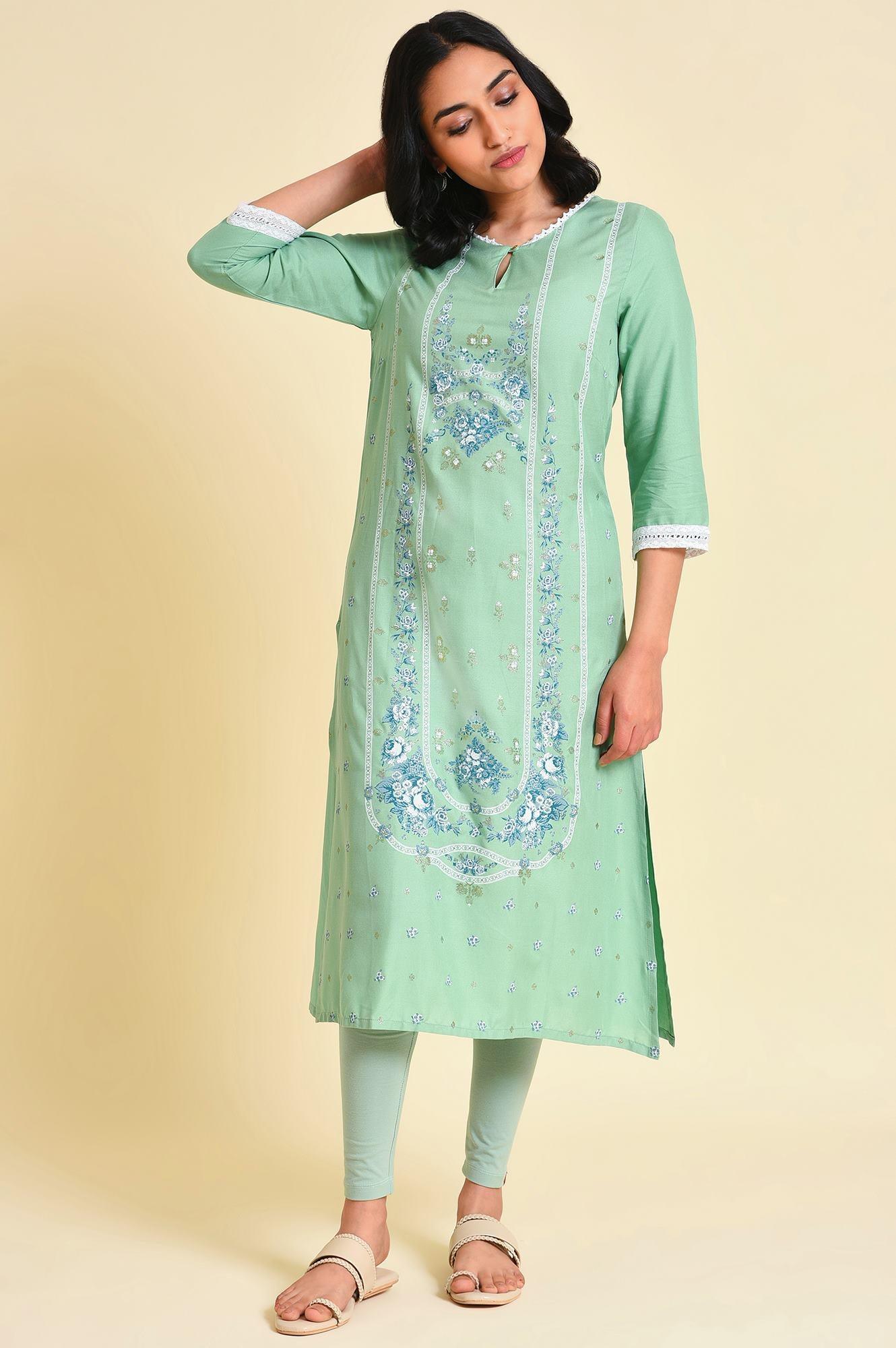 Light Green Glitter Printed Straight kurta - wforwoman