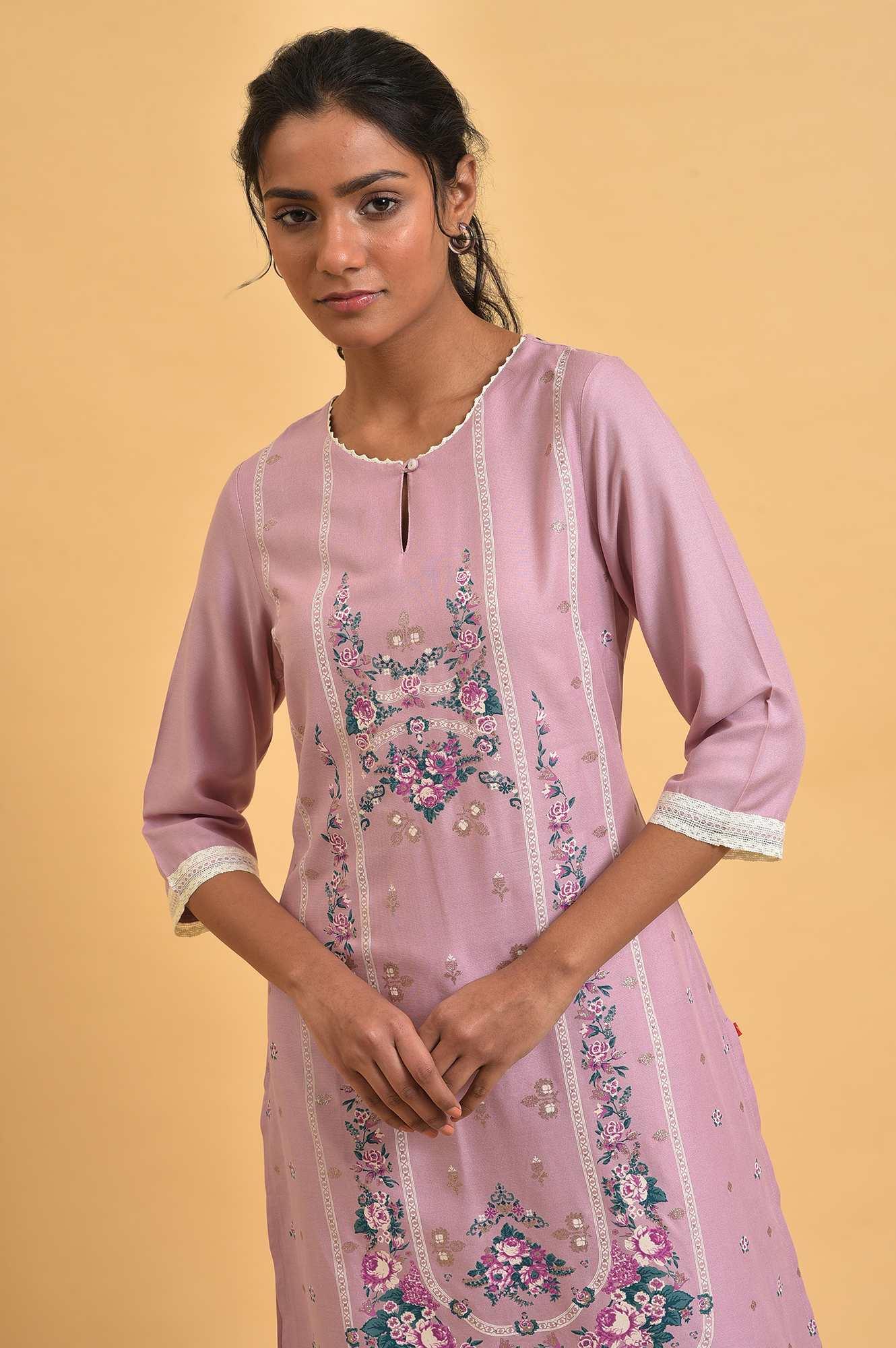 Light Purple Printed Plus Size Straight kurta - wforwoman