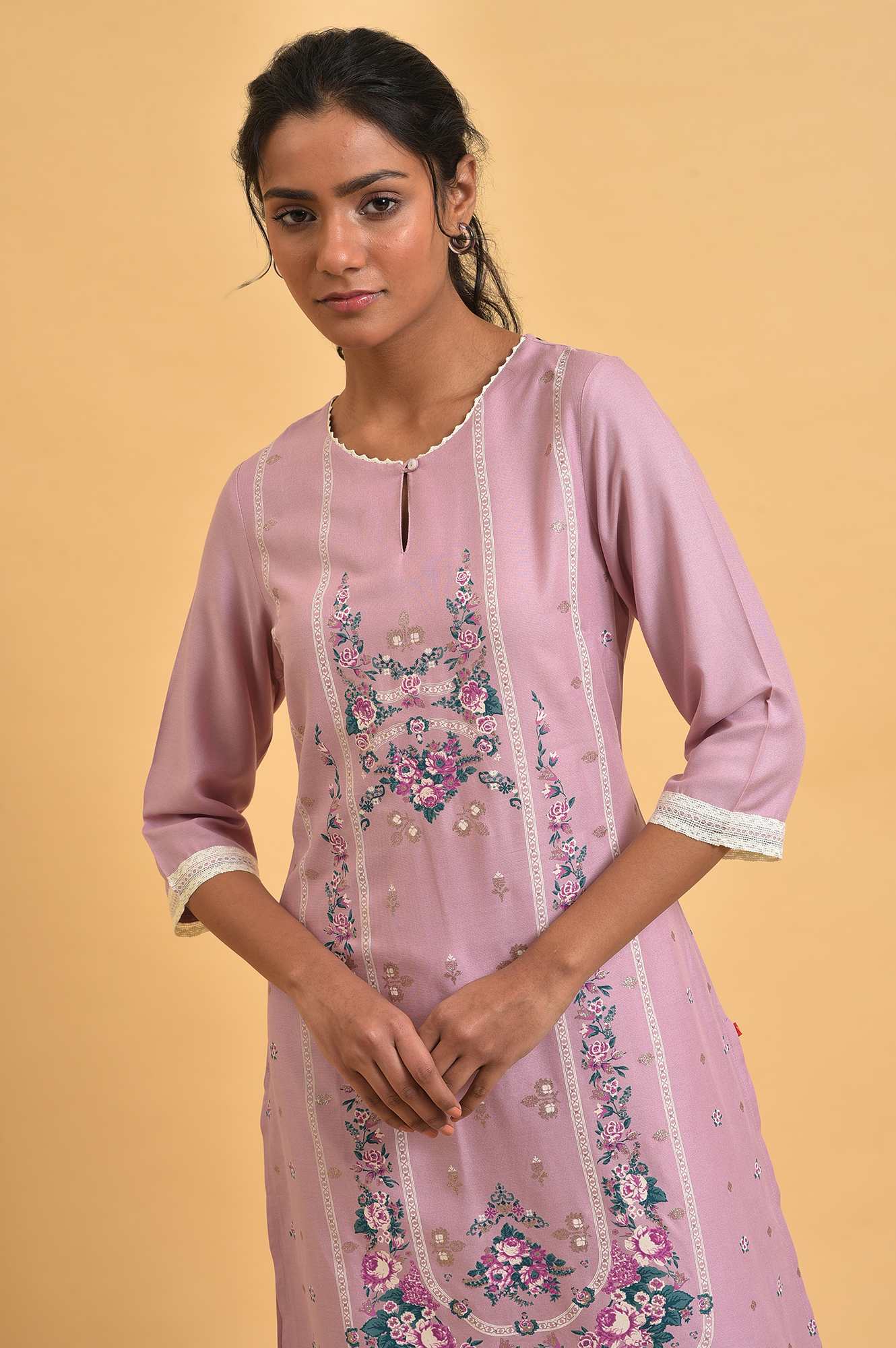 Light Purple Floral Printed Lace Rayon Straight Kurta and Parallel Pant Set