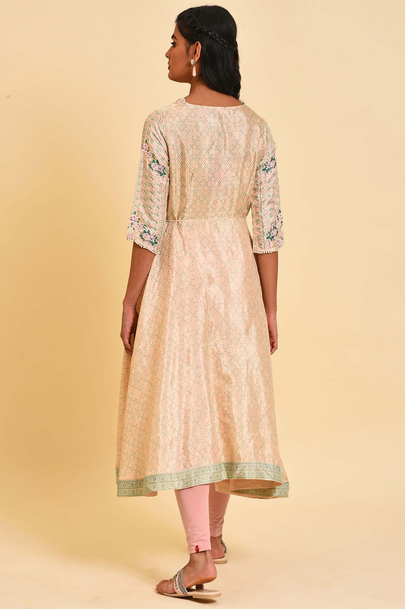 Biege Glitter Printed Flared kurta With Embroidery - wforwoman