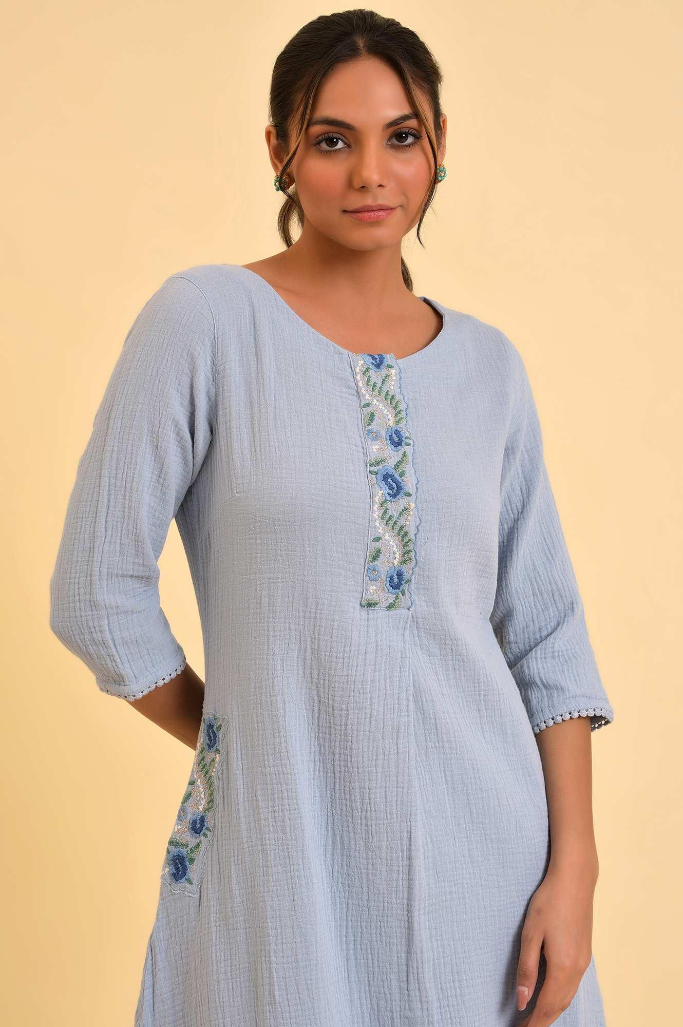 Light Blue Embroidered Cotton Summer kurta - wforwoman