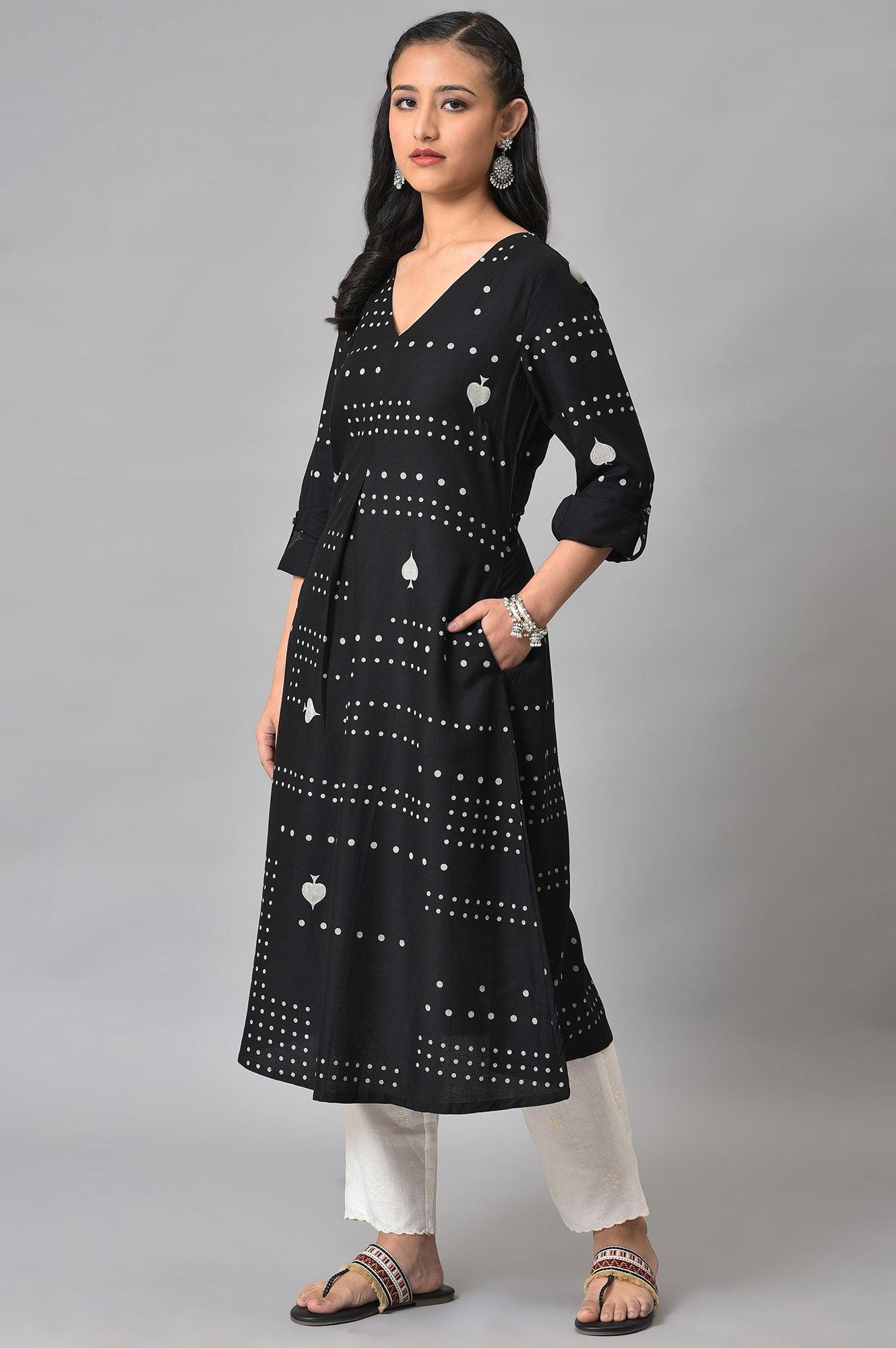 Black Easy Breezy Spade Printed Rayon kurta - wforwoman