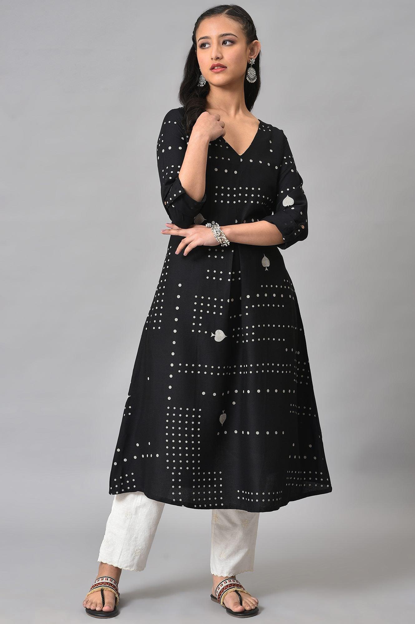 Black Easy Breezy Spade Printed Rayon kurta - wforwoman