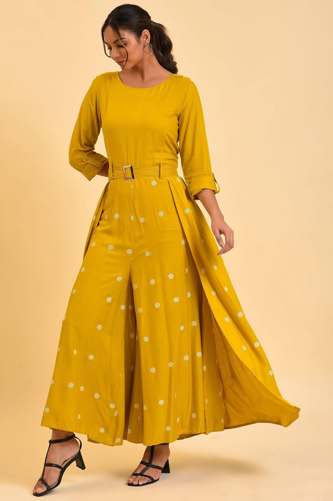 Yellow Polka Dot Jumpsuit with Belt - wforwoman