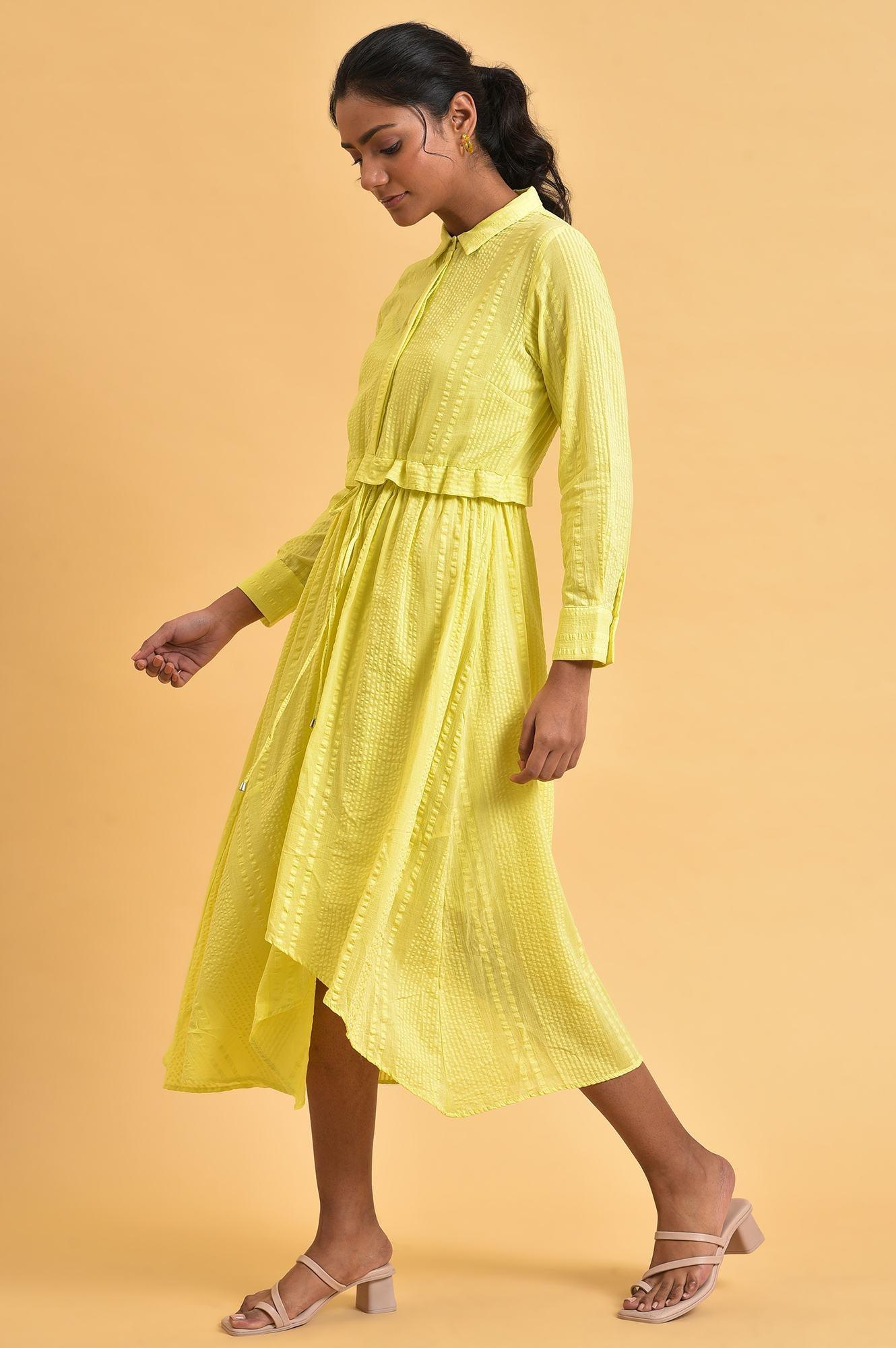 Green Gathered Shirt Collar Dress - wforwoman