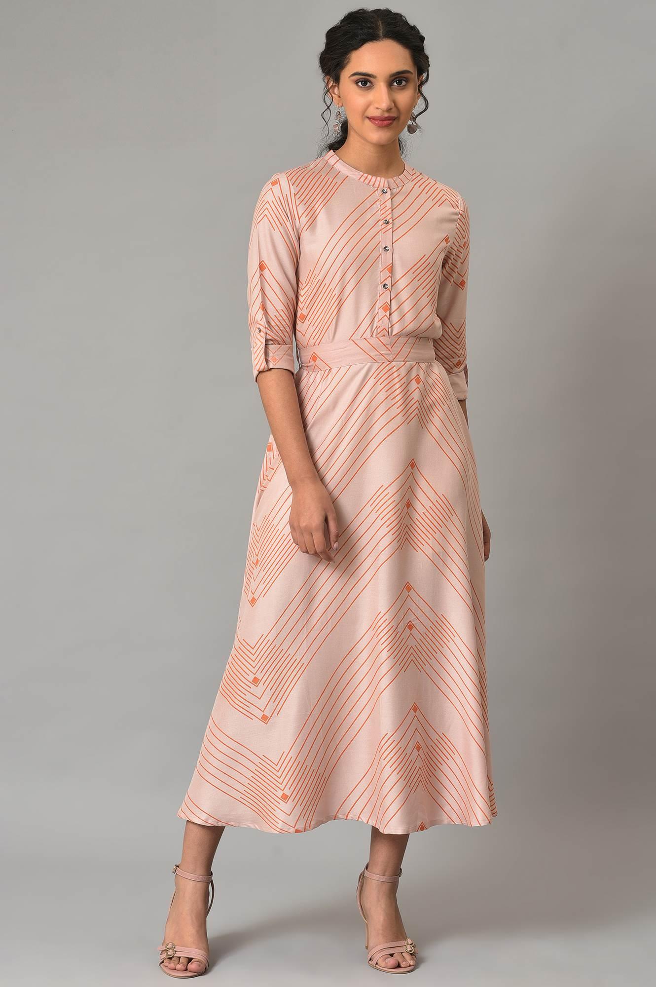 Dusty Pink Matrix Printed Circular Shirt Dress With Belt - wforwoman