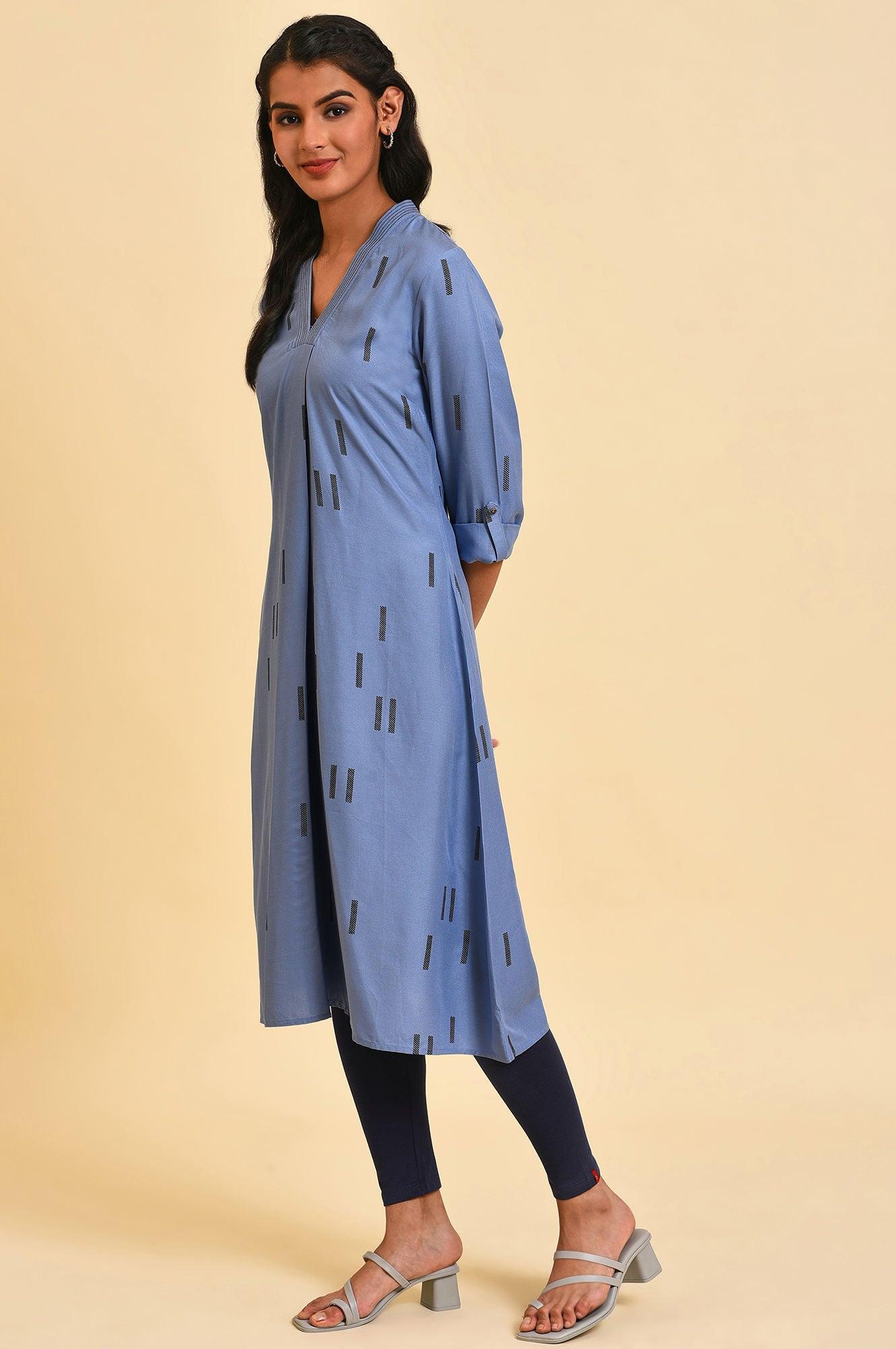 Blue V-Neck Summer kurta - wforwoman