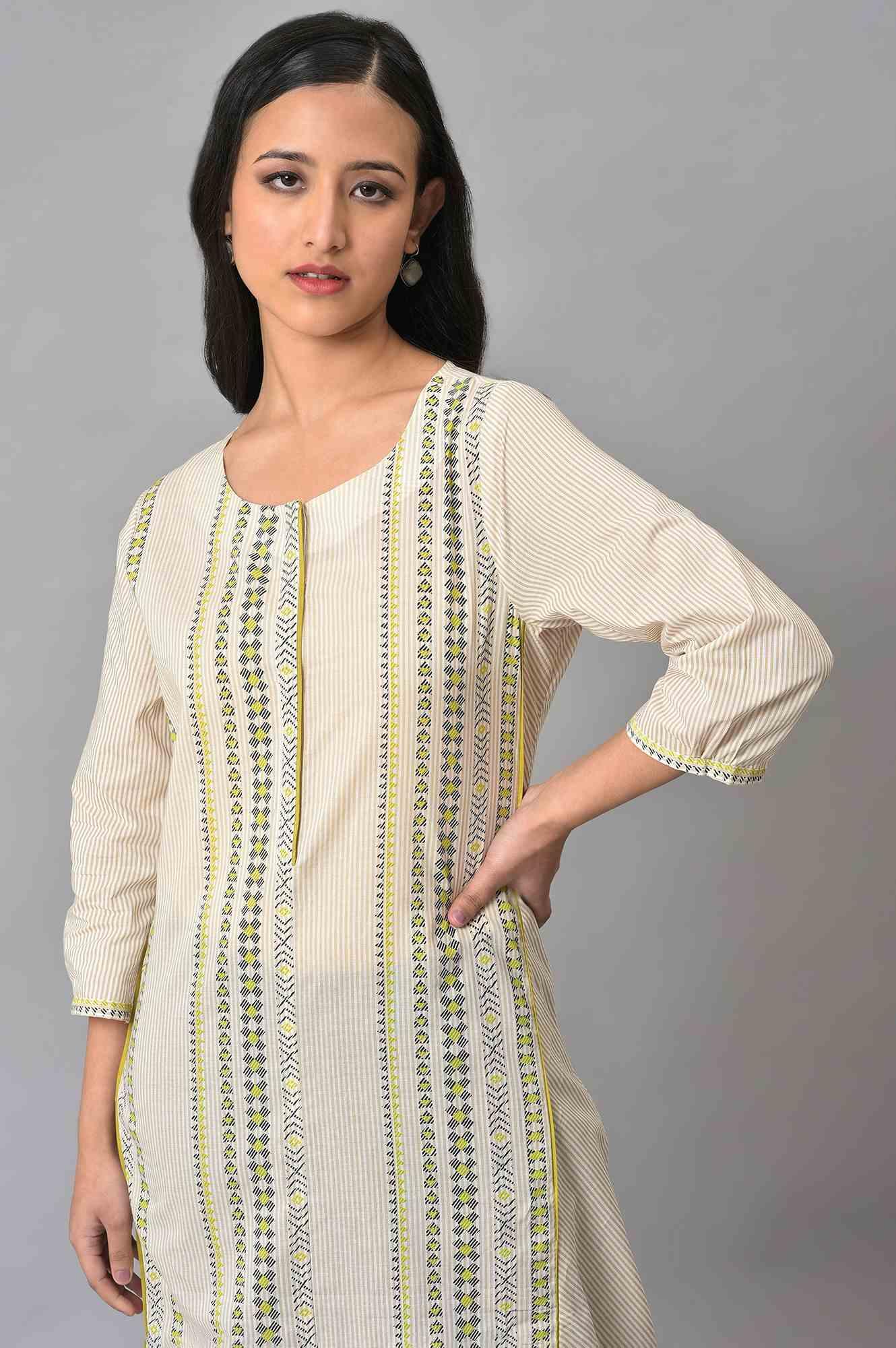 Ecru Misdent Printed Summer kurta - wforwoman