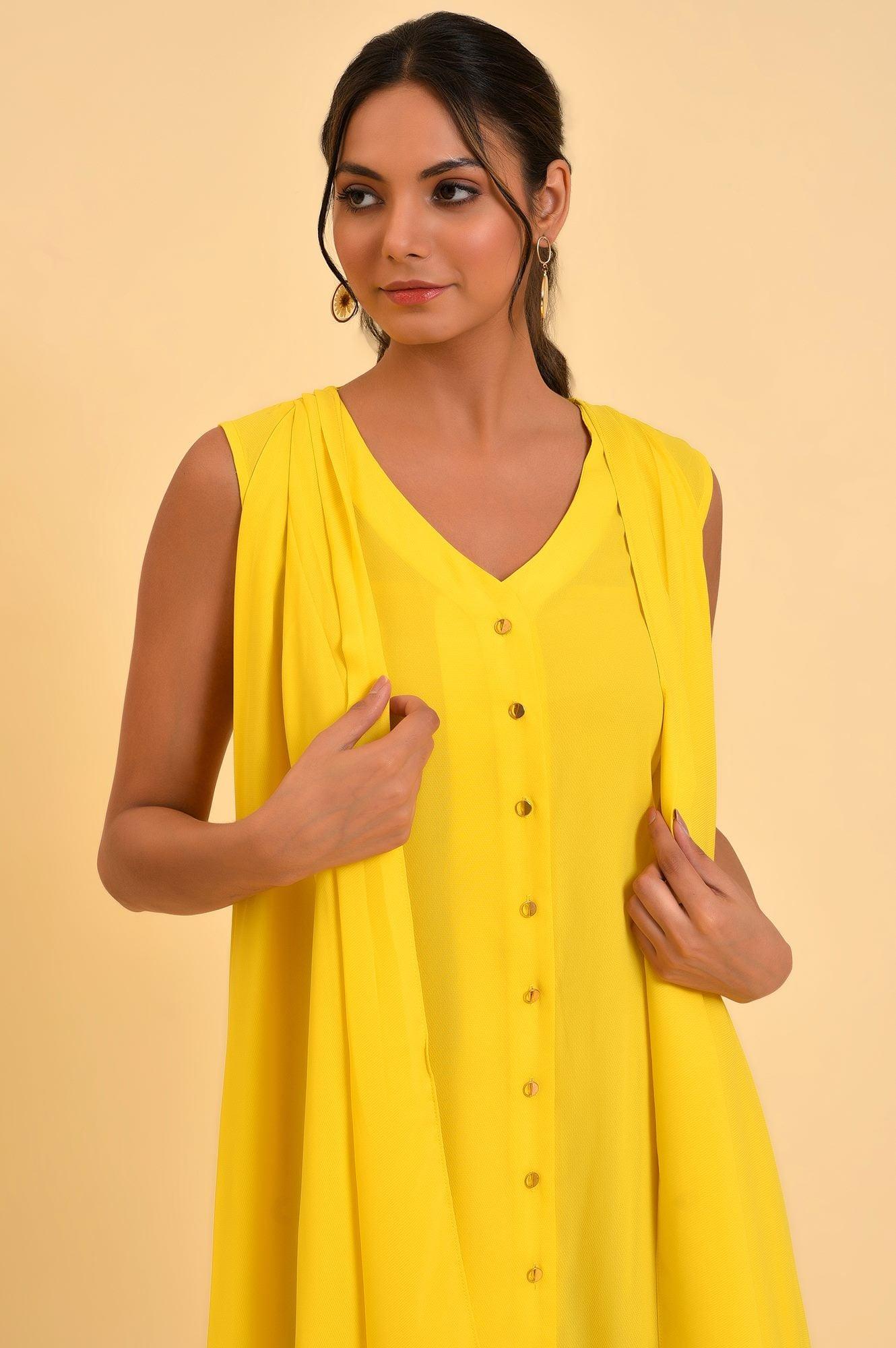 Yellow Fashionable Sleeveless Draped Dress - wforwoman