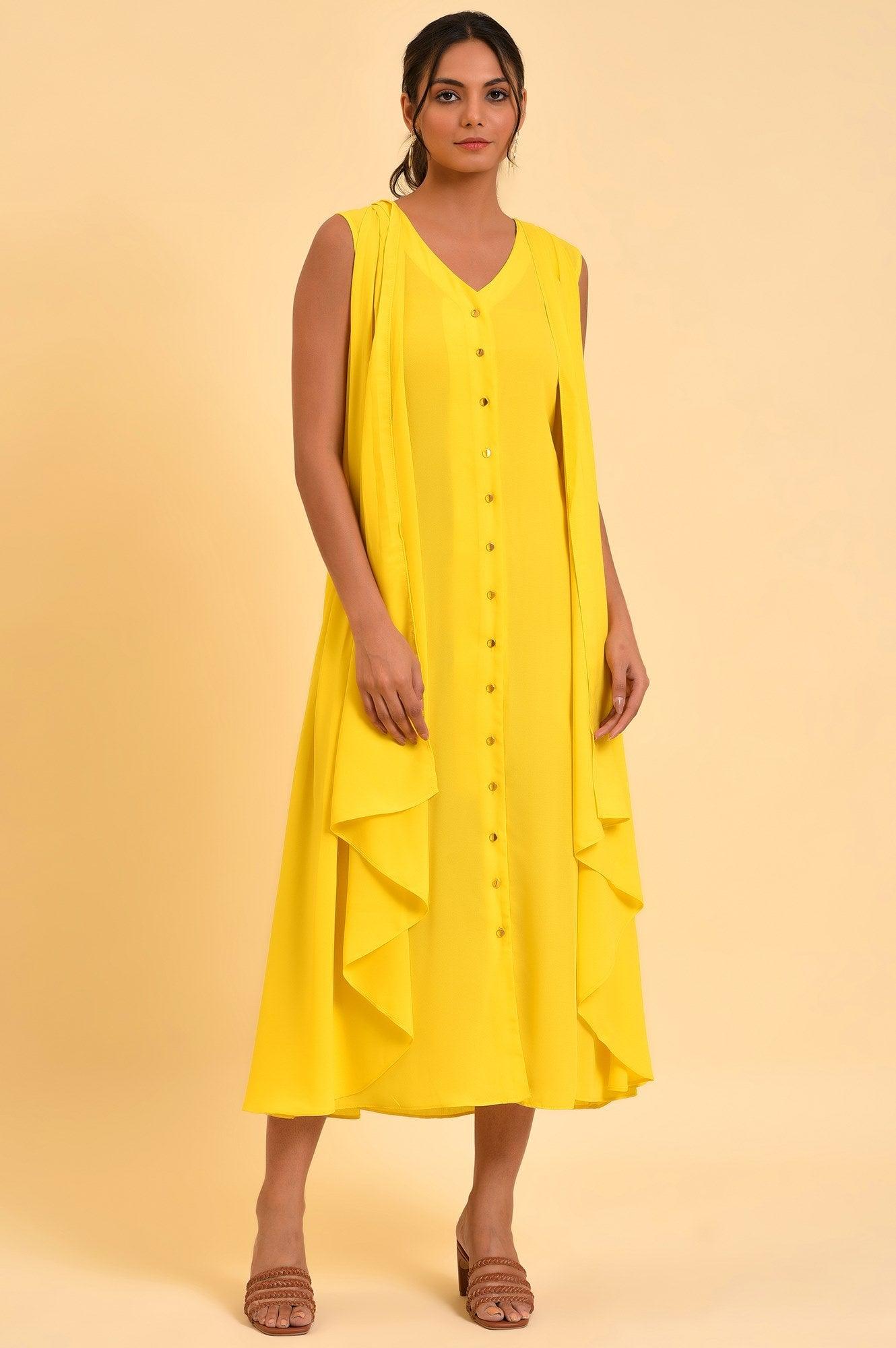 Yellow Fashionable Sleeveless Draped Dress - wforwoman