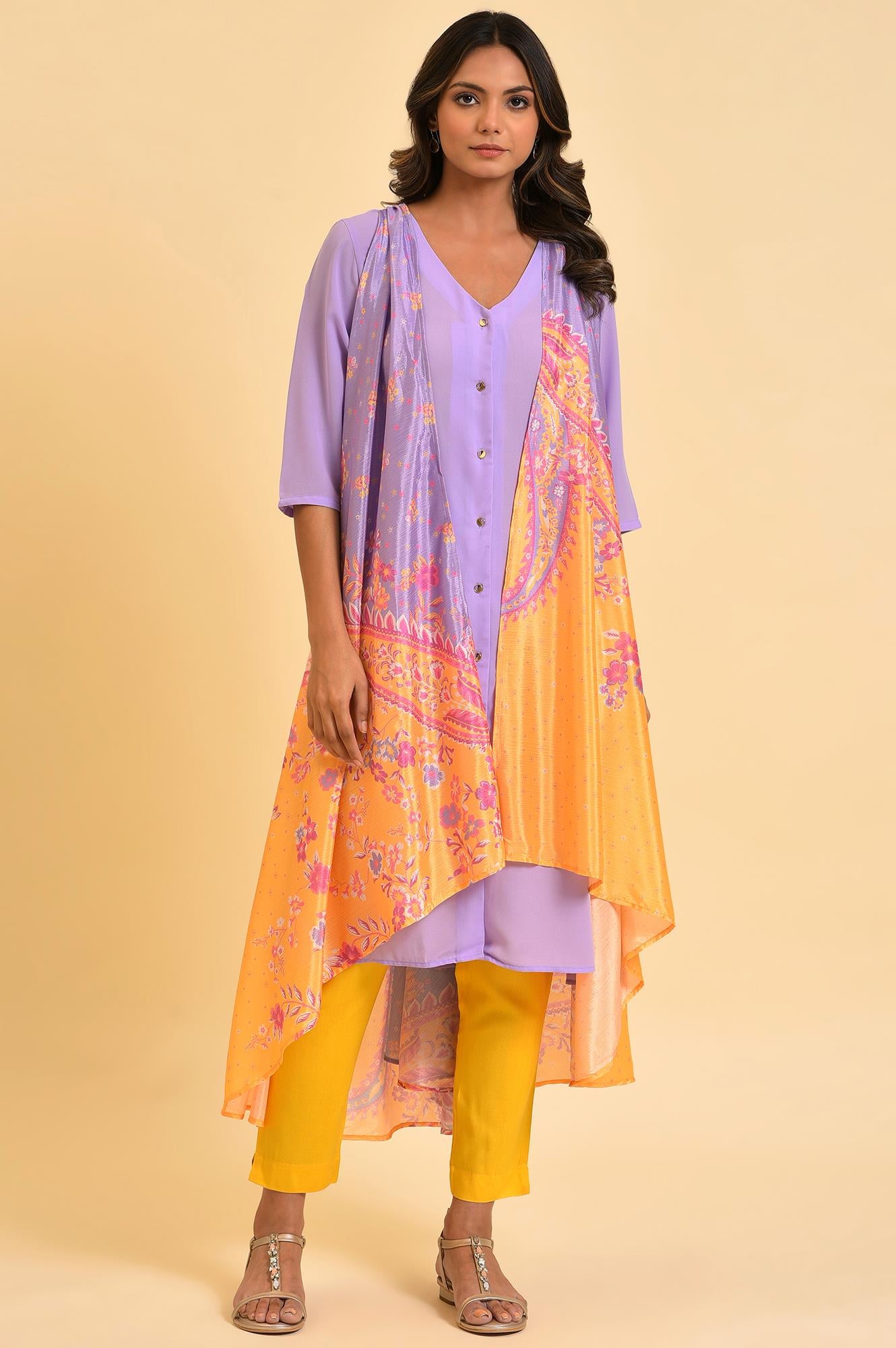 Purple Solid kurta With Stitched Drape