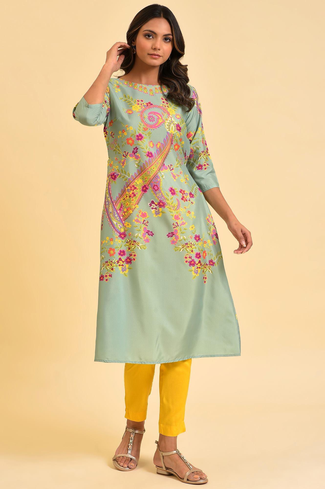 Green Printed kurta With Decorative Side Metal Ring - wforwoman