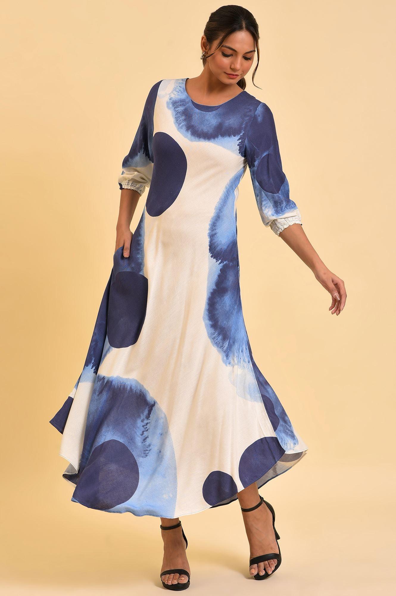 Ecru Flared Dress With Bold Blue Prints - wforwoman