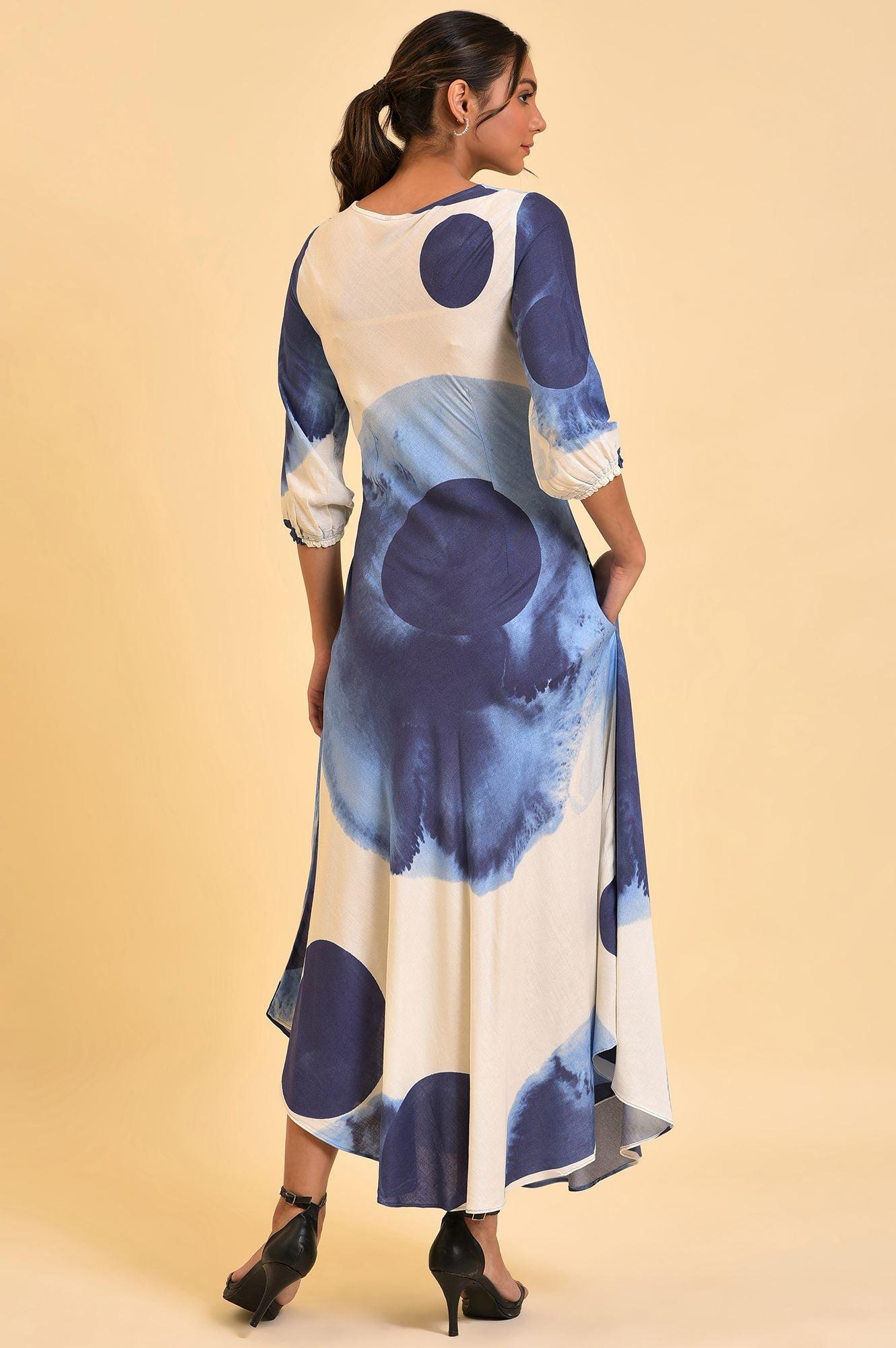 Ecru Flared Dress With Bold Blue Prints - wforwoman