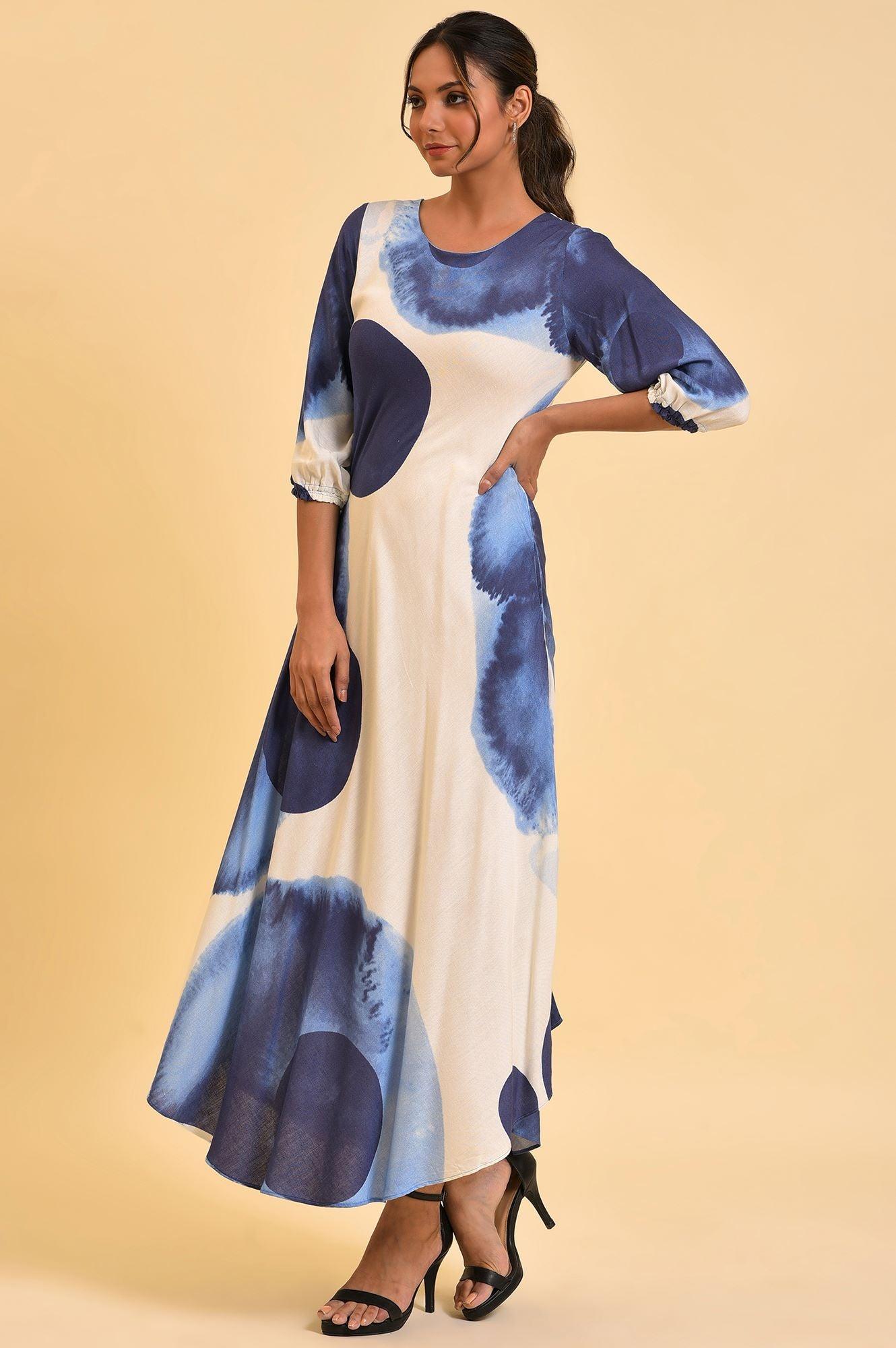Ecru Flared Dress With Bold Blue Prints - wforwoman