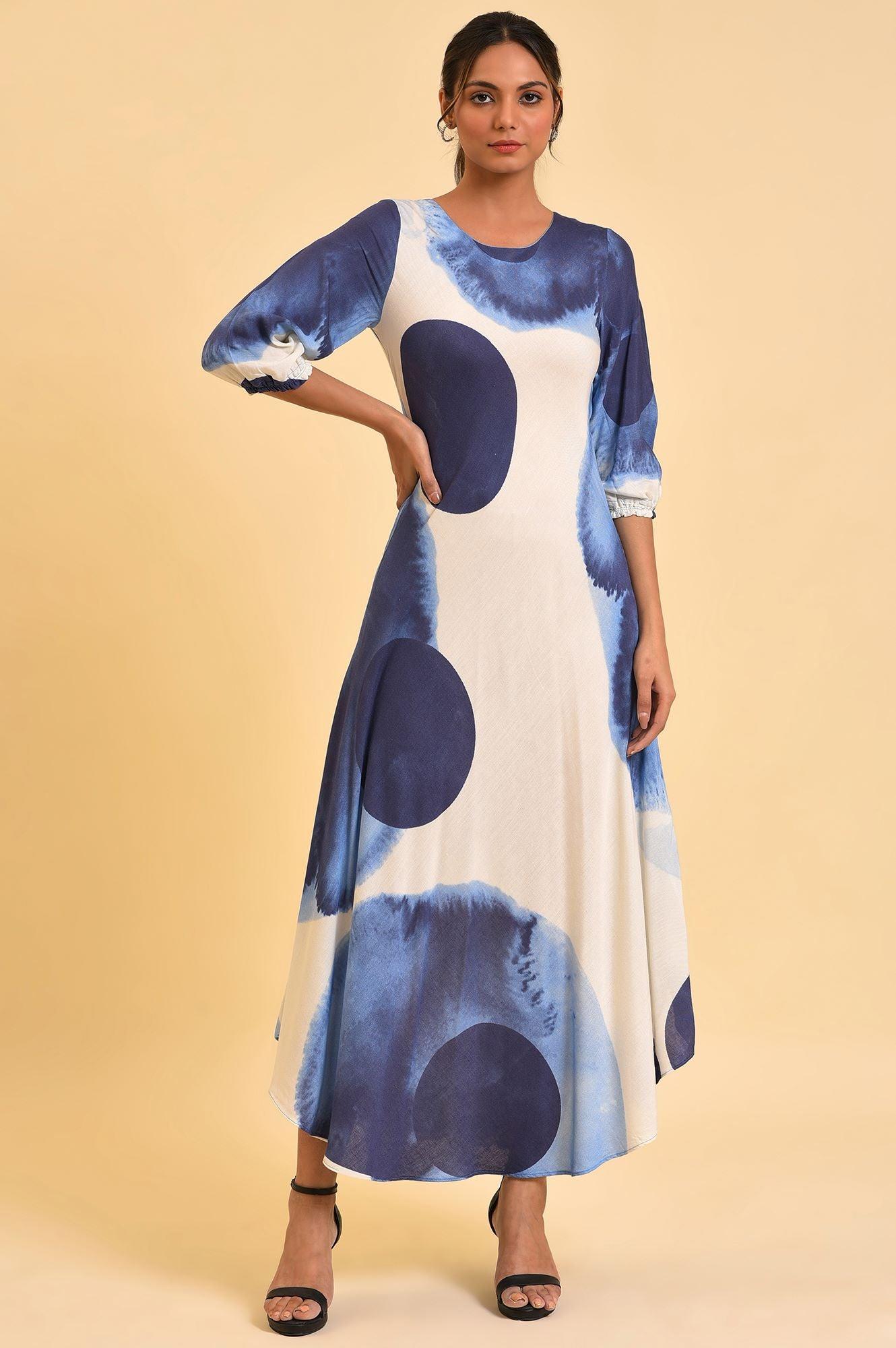 Ecru Flared Dress With Bold Blue Prints - wforwoman