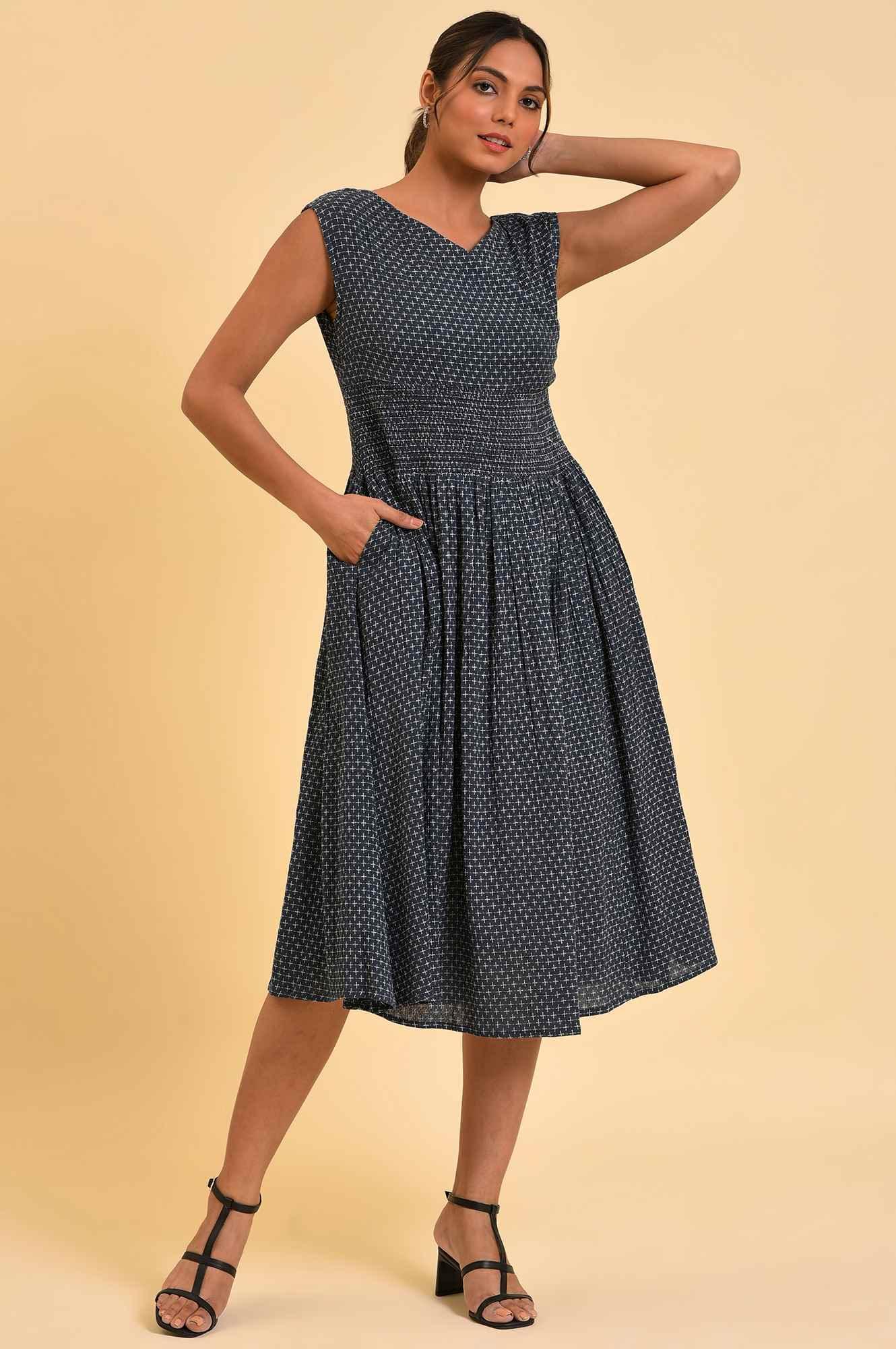 Blue Yarn Dyed Smocked Dress - wforwoman