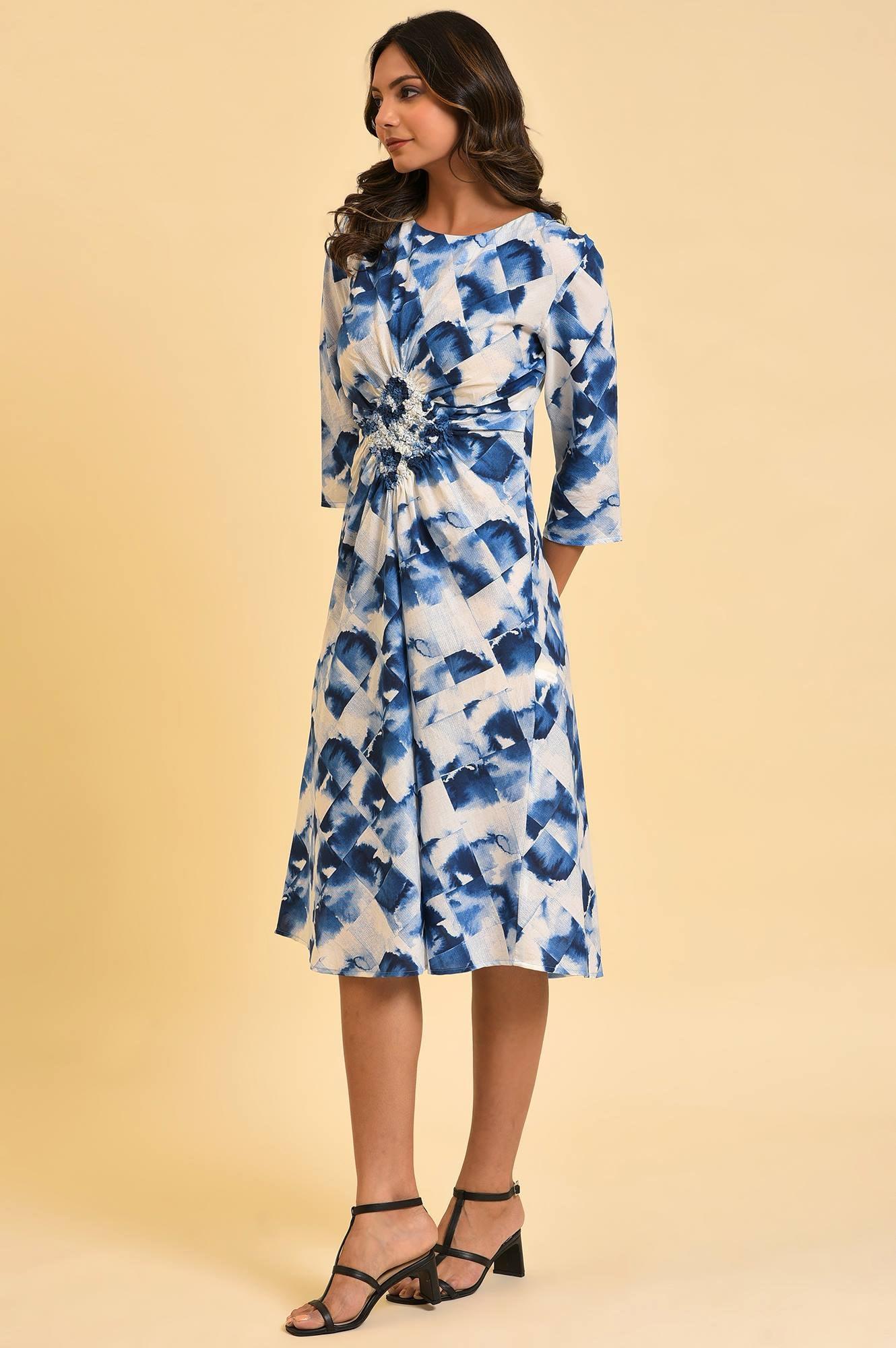 Blue Geometrical Printed Dress With Decorative Smocking - wforwoman