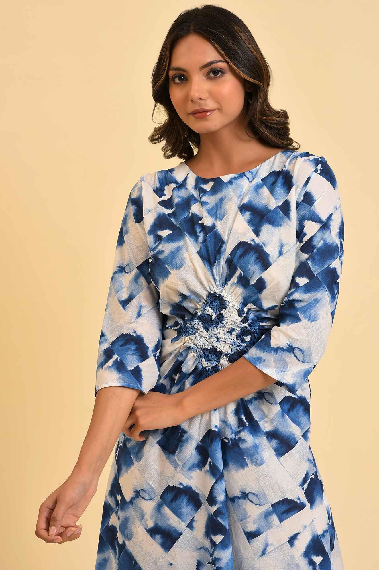 Blue Geometrical Printed Dress With Decorative Smocking - wforwoman