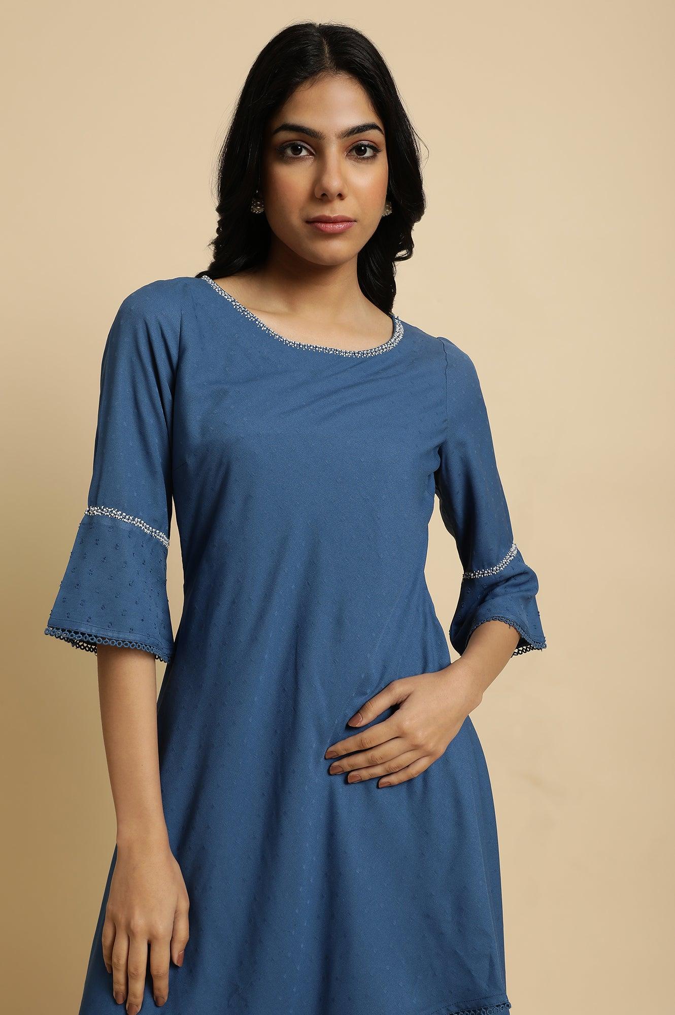 Blue Mock Layer Flared Dress - wforwoman