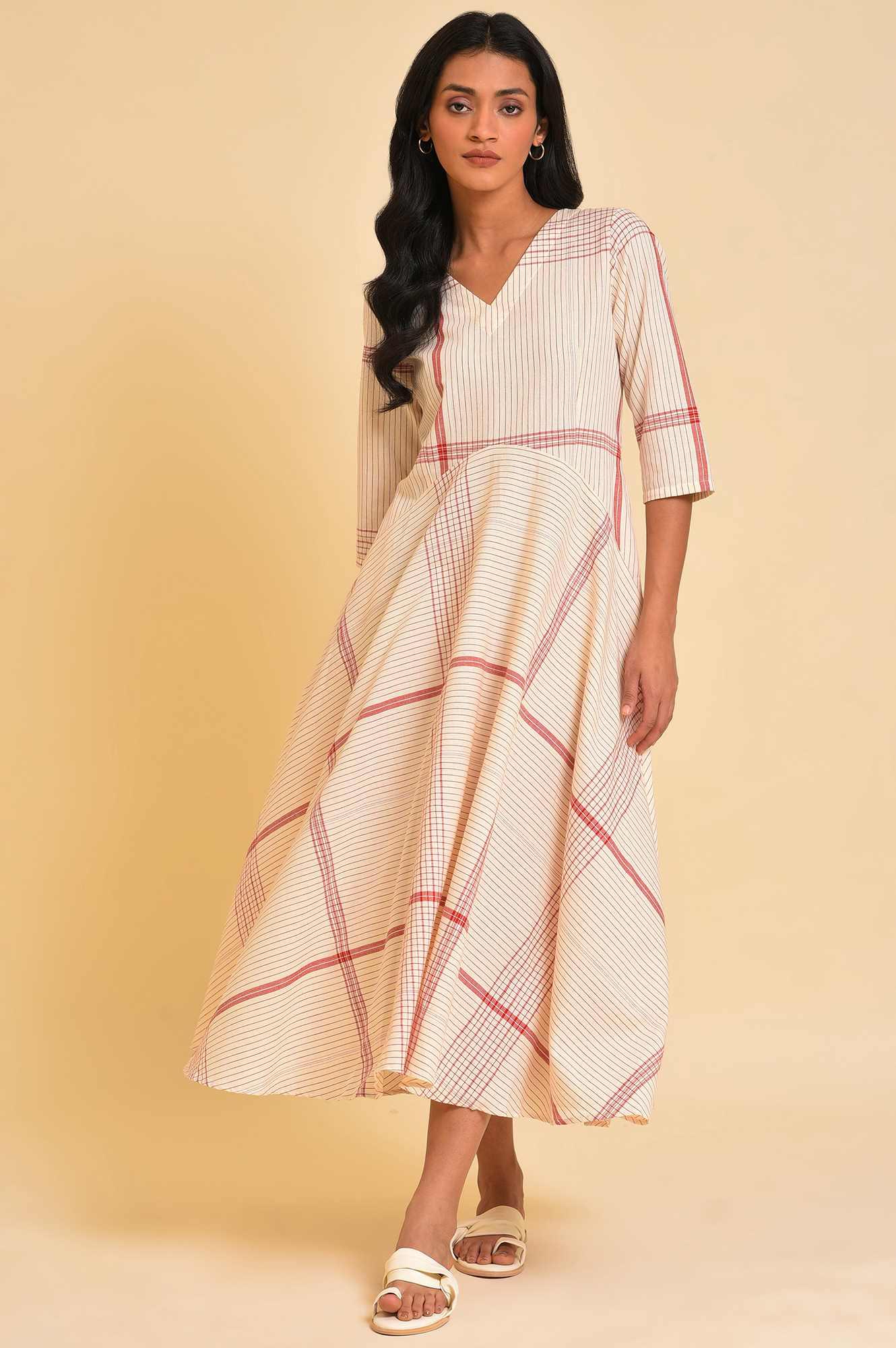 Beige Playful Checkered Free Flowing Dress - wforwoman