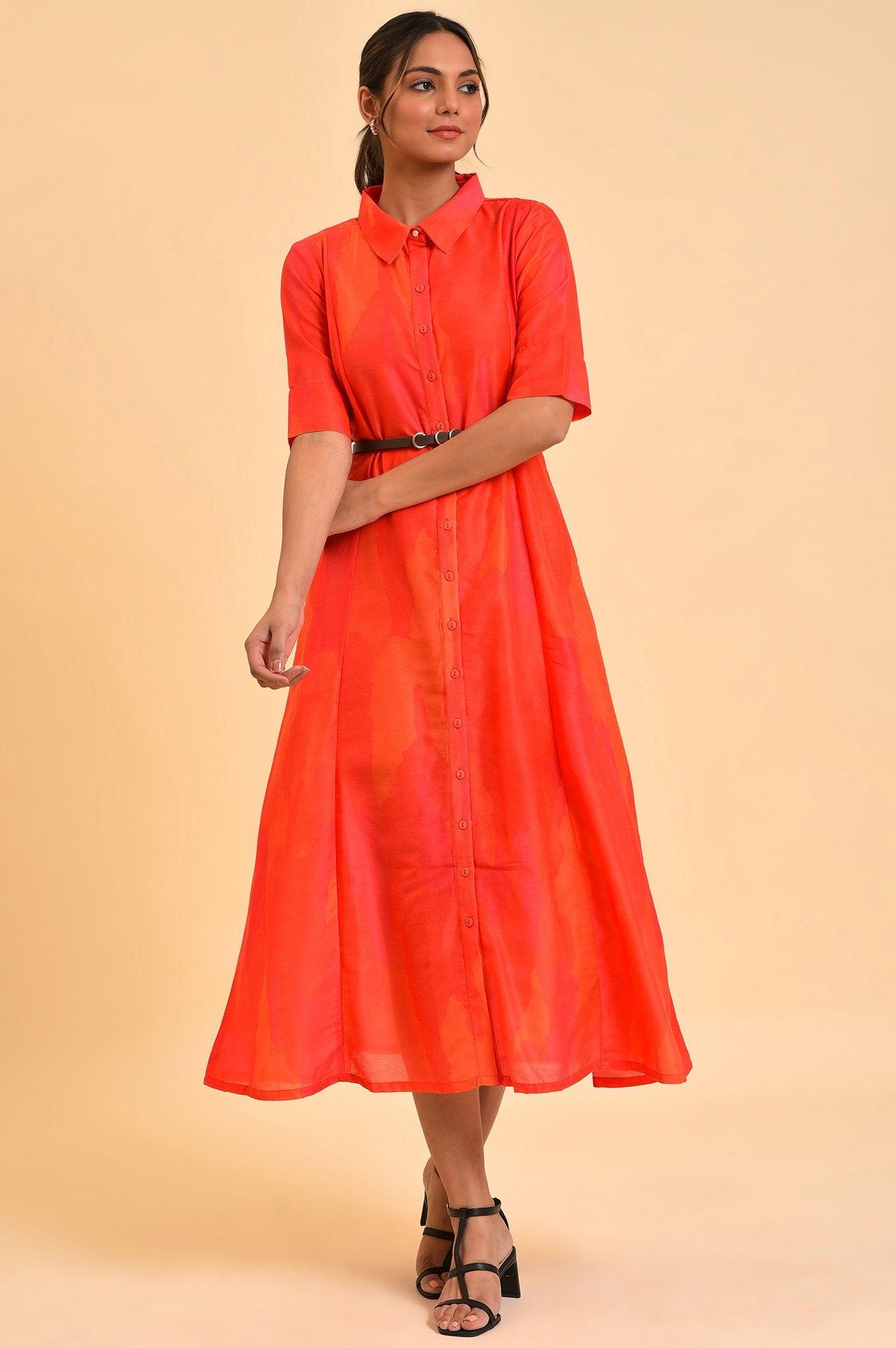 Red Abstract Printed Long Shirt Dress - wforwoman