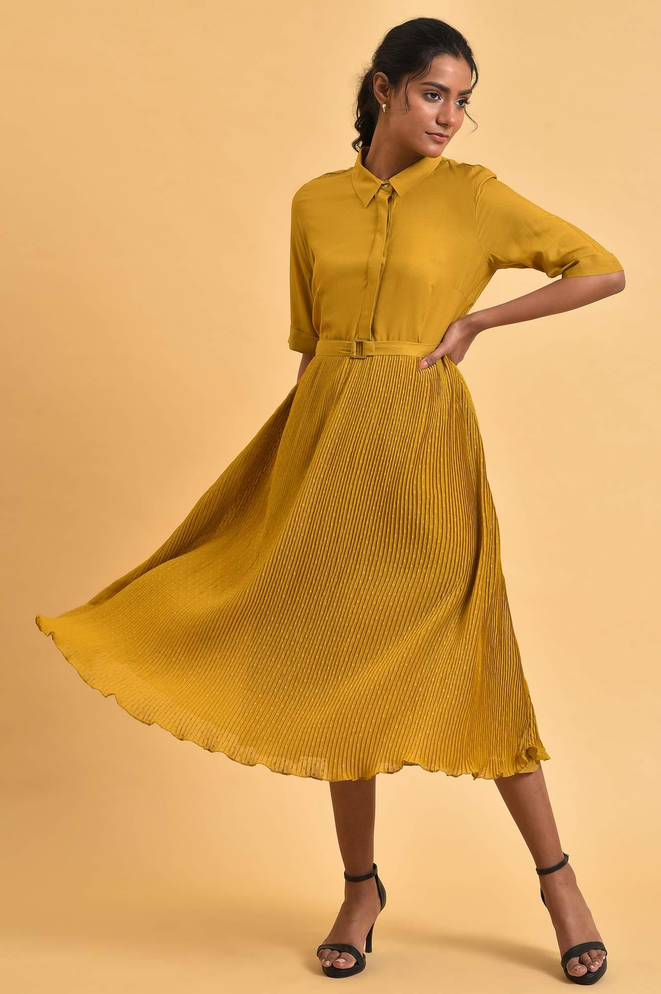 Buy Mustard Yellow Pleated Rayon Flared Dress with Belt Online for Woman | WforWoman Buy Mustard Yellow Pleated Rayon Flared Dress with Belt Online for Woman | WforWoman