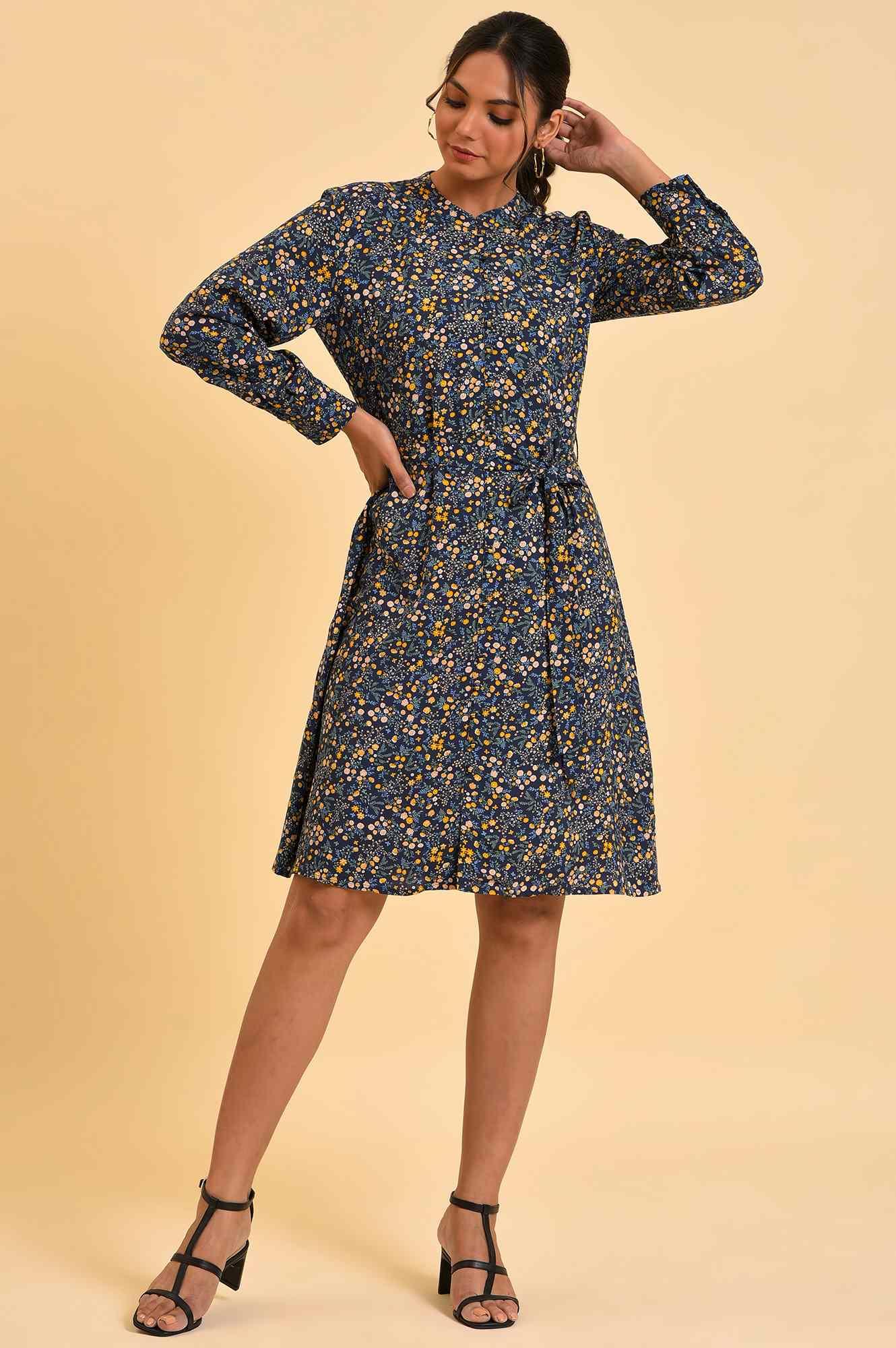 Blue Floral Printed Dress With Belt - wforwoman