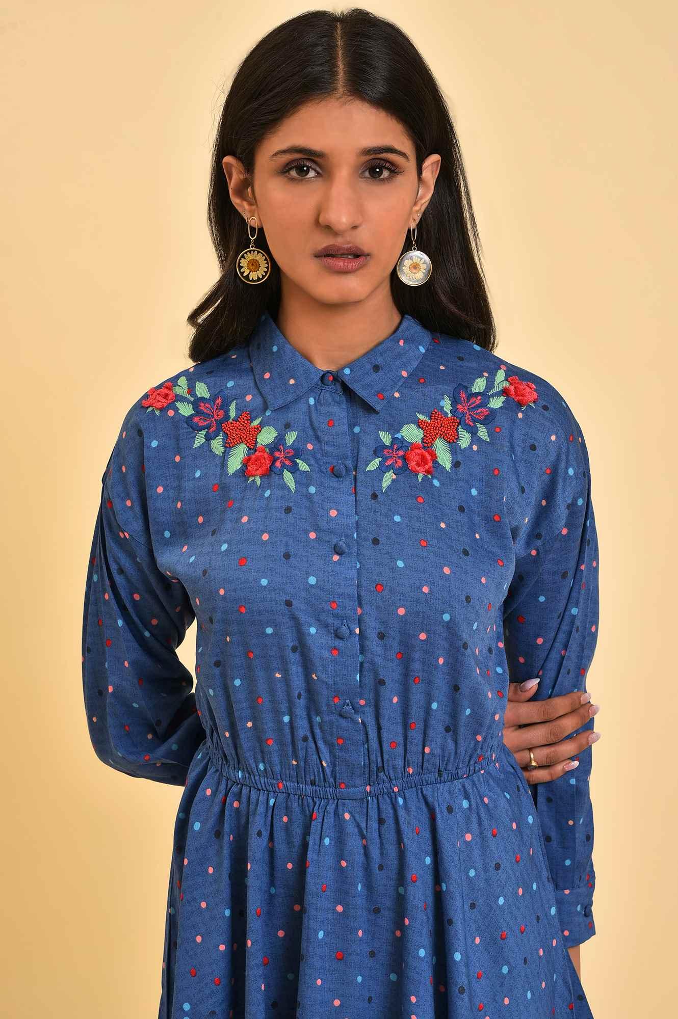 Blue Polka Dot Embroidered Dress - wforwoman