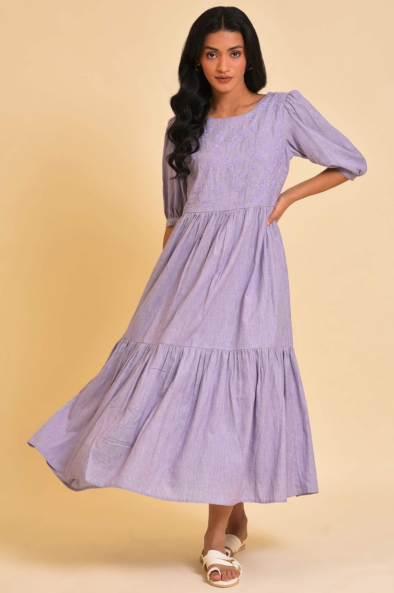 Light Purple Embroidered Tiered Chambray Dress - wforwoman