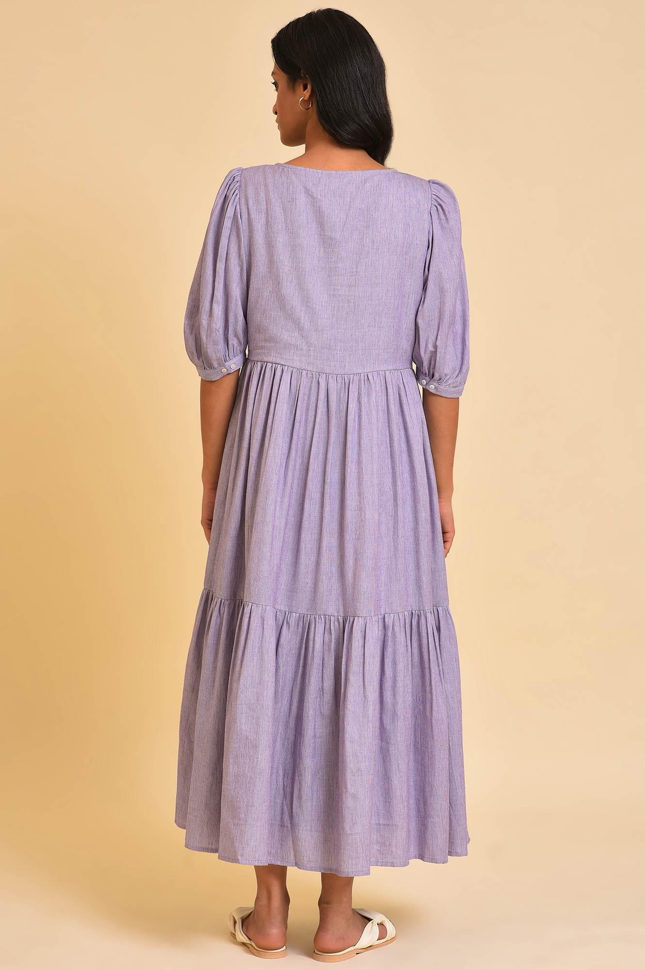 Light Purple Embroidered Tiered Chambray Dress - wforwoman